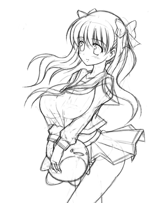 miyata gakuman, etopen, haramura nodoka, saki (manga), 00s, 1girl, bird, blush, breasts, female focus, greyscale, hair ribbon, huge breasts, long hair, looking at viewer, miniskirt, monochrome, penguin, ribbon, school uniform, see-through clothes, simple background, sketch, skirt, solo, standing, twintails, white background