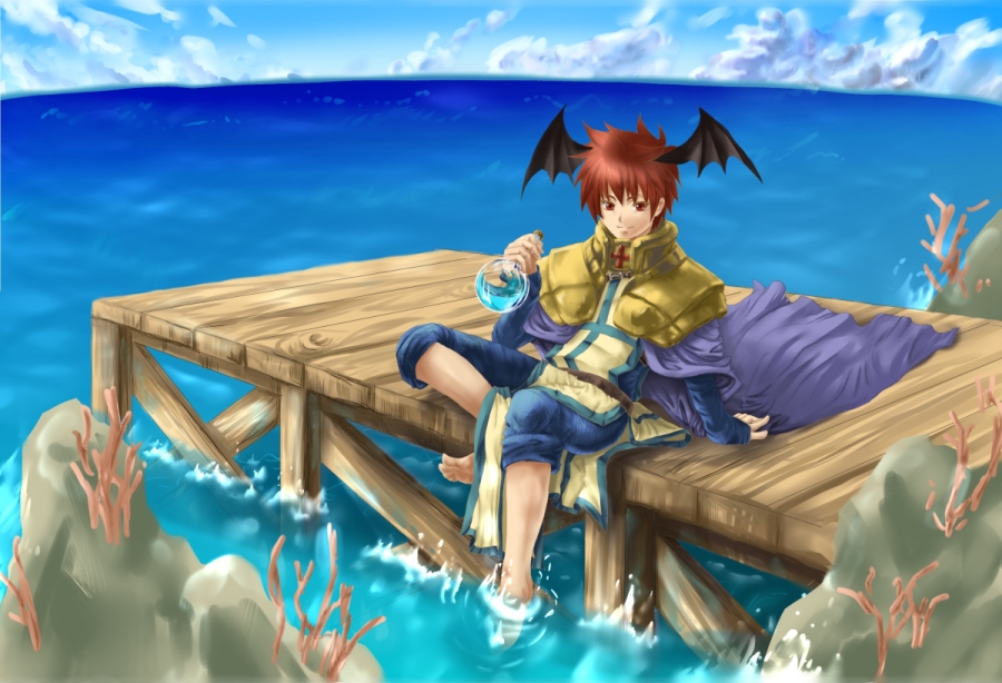 crusader (ragnarok online), ragnarok online, commentary request, 1boy, 2000s (style), armor, barefoot, black wings, blue pants, blue shirt, blue sky, cape, closed mouth, cloud, coral, cross, cross print, day, demon wings, flask, full body, head wings, holding, holding flask, looking at viewer, male focus, namiki wakaba, ocean, outdoors, pants, pauldrons, pier, potion, purple cape, red eyes, red hair, rock, shirt, shoulder armor, sitting, sky, smile, solo, tabard, water, white tabard, wings