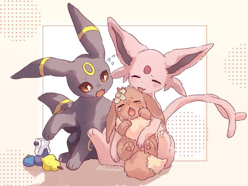 oinyanyari, eevee, espeon, umbreon, nintendo, pokemon, commentary request, bandaid, bandaid on head, berry (pokemon), black fur, blush, brown fur, closed eyes, crying, flying sweatdrops, full body, fur collar, gen 1 pokemon, gen 2 pokemon, licking another's head, looking at another, no humans, open mouth, pokemon (creature), pokemon focus, potion (pokemon), purple fur, red eyes, sitting, sitting on lap, sitting on person, tail, tears, tongue, tongue out, twitter username