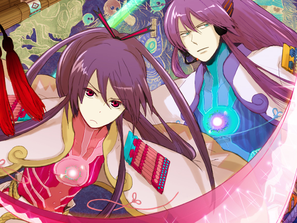 gu (pixiv), gakuko, kamui gakupo, vocaloid, bad id, bad pixiv id, 1boy, 1girl, genderswap, genderswap (mtf), purple hair, sword, weapon