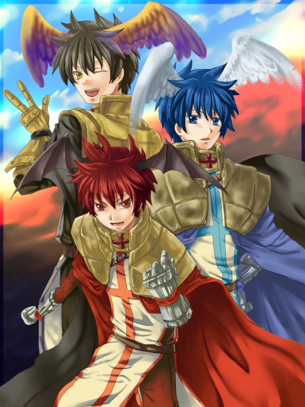 crusader (ragnarok online), ragnarok online, commentary request, 2000s (style), 3boys, armor, black cape, black hair, black shirt, black wings, blue cape, blue eyes, blue hair, blue shirt, brown eyes, cape, cowboy shot, cross, cross print, demon wings, feathered wings, gauntlets, head wings, looking at viewer, male focus, multiple boys, namiki wakaba, one eye closed, open mouth, pauldrons, purple wings, red cape, red hair, red shirt, shirt, short hair, shoulder armor, smile, tabard, white tabard, white wings, wings, yellow eyes