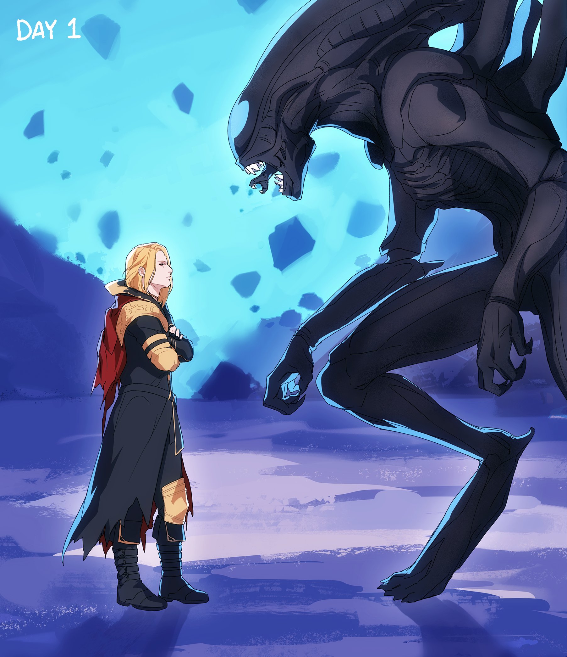 zhyphenth, garlean, xenomorph, zenos yae galvus, alien (1979), alien (series), final fantasy, final fantasy xiv, highres, 1boy, 1other, black boots, black coat, blonde hair, boots, cape, coat, crossed arms, crossover, floating rock, from side, height difference, male focus, open mouth, profile, red cape, standing, tongue, tongue out