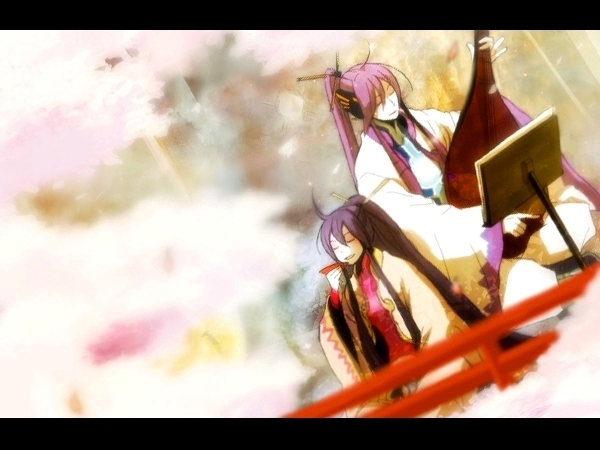 gu (pixiv), gakuko, kamui gakupo, vocaloid, bad id, bad pixiv id, 1boy, 1girl, alcohol, cherry blossoms, closed eyes, genderswap, genderswap (mtf), instrument, letterboxed, long hair, purple hair, sake, very long hair