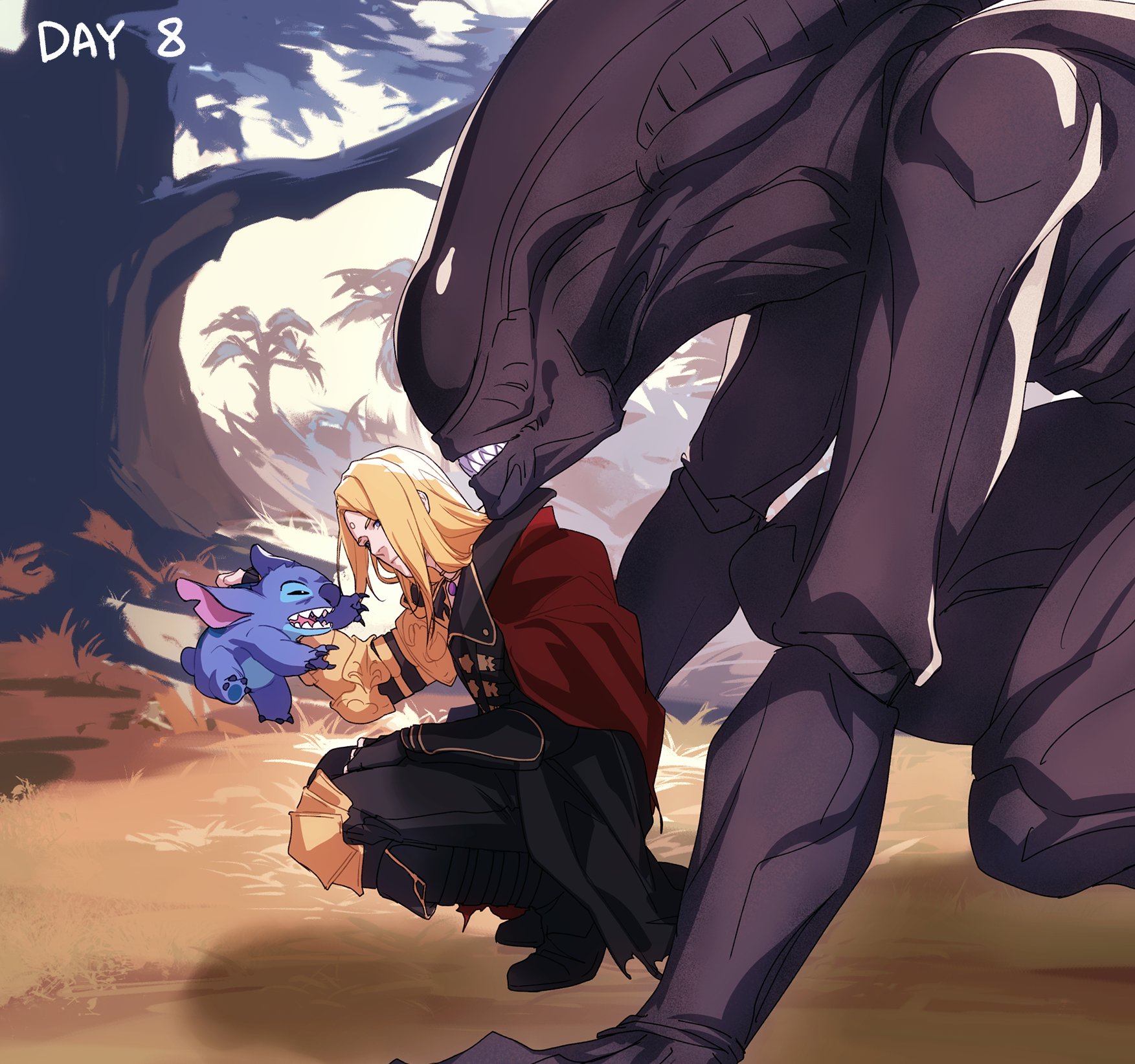 zhyphenth, garlean, stitch (lilo & stitch), xenomorph, zenos yae galvus, alien (1979), alien (series), final fantasy, final fantasy xiv, lilo & stitch, highres, 1boy, 1other, black boots, black coat, black pants, blonde hair, boots, cape, coat, creature, day, from side, holding, holding creature, long hair, monster, outdoors, pants, red cape, squatting, tree