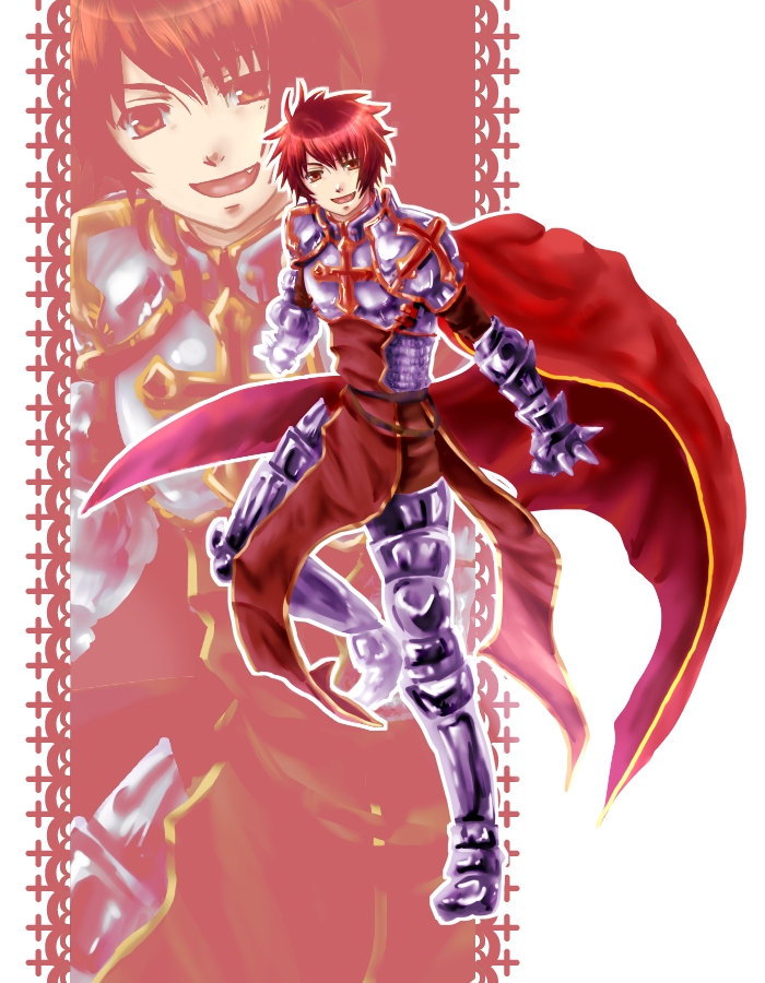 ittoki otoya, lord knight (ragnarok online), ragnarok online, uta no prince-sama, commentary request, 1boy, armor, armored boots, boots, breastplate, cape, chainmail, cosplay, cross, fang, full body, leg armor, looking at viewer, lord knight (ragnarok online) (cosplay), male focus, namiki wakaba, open mouth, orange eyes, pauldrons, red cape, red hair, red tabard, shoulder armor, smile, solo, spiked gauntlets, tabard, white background, zoom layer
