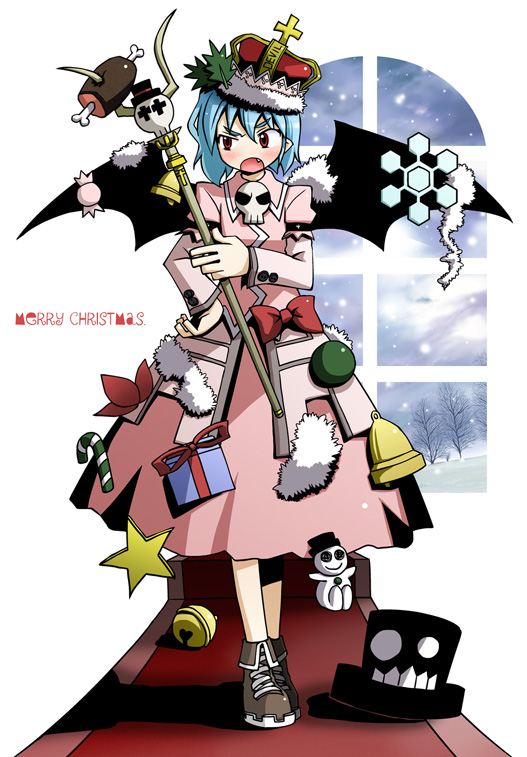 kannazuki hato, remilia scarlet, touhou, 1girl, = =, bell, blue hair, boned meat, candy, candy cane, christmas, crown, fang, female focus, food, hand on own hip, hip focus, jingle bell, meat, merry christmas, scepter, simple background, skull, solo, wings