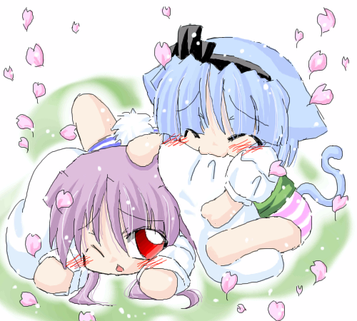 hoshino souichirou, konpaku youmu, reisen udongein inaba, touhou, biting ear, lowres, 2girls, animal ears, barefoot, biting, blue hair, blush, bottomless, cat ears, cat girl, cat tail, chibi, female focus, hairband, hug, multiple girls, one eye closed, panties, purple hair, rabbit ears, red eyes, striped clothes, striped panties, tail, underwear, wink