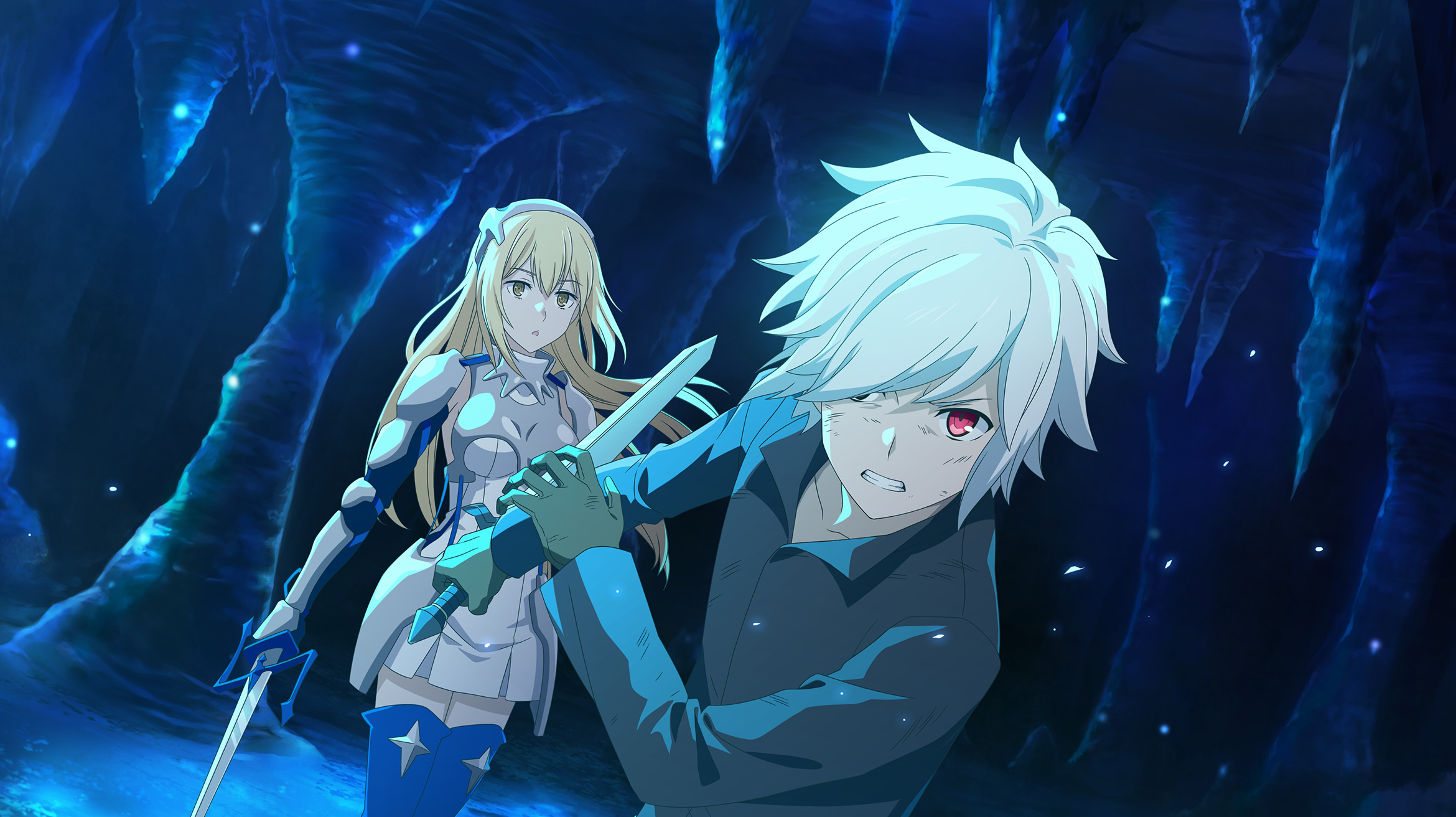 aiz wallenstein, bell cranel, danmachi battle chronicle, dungeon ni deai wo motomeru no wa machigatteiru darou ka, game cg, highres, non-web source, official art, 1boy, 1girl, anime coloring, armor, black shirt, blonde hair, boobplate, breastplate, breasts, brown gloves, cave interior, clenched teeth, dirty, dirty clothes, dirty face, dress, faulds, gloves, hairband, holding, holding knife, holding sword, holding weapon, knife, long sleeves, looking at viewer, medium breasts, metal hairband, parted lips, red eyes, reverse grip, shirt, short dress, sleeveless, sleeveless dress, sword, teeth, vambraces, weapon, white dress, white hair, yellow eyes