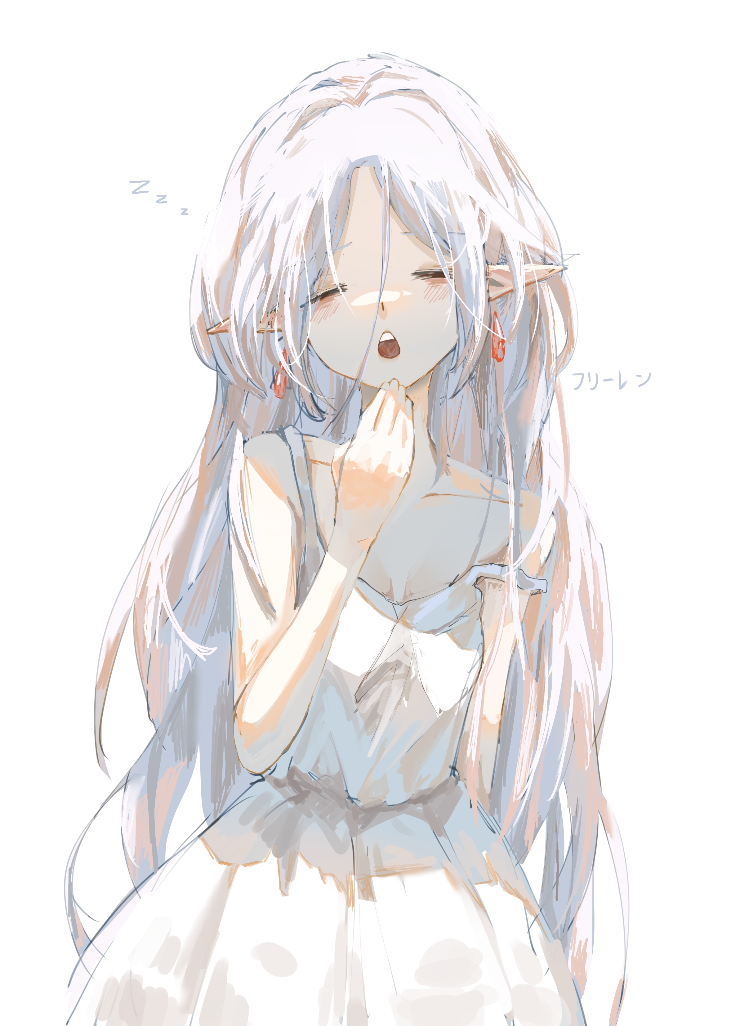 snoeflaefk, frieren, sousou no frieren, absurdres, commentary, english commentary, highres, translation request, 1girl, alternate hairstyle, closed eyes, collarbone, cowboy shot, dress, earrings, elf, floating earrings, hair down, hand up, jewelry, long hair, messy hair, open mouth, pointy ears, simple background, sleepy, sleeveless, sleeveless dress, solo, standing, straight-on, strap slip, teardrop earrings, very long hair, white background, white dress, white hair, yawning, zzz