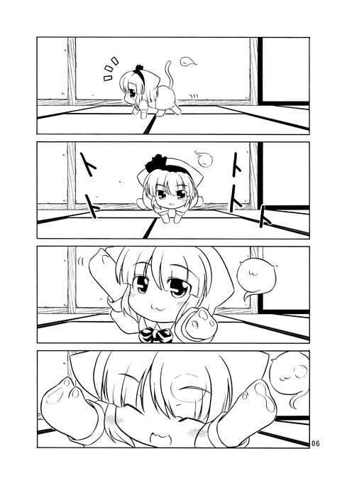 hoshino souichirou, konpaku youmu, konpaku youmu (ghost), touhou, 1girl, :3, all fours, animal ears, blush, blush stickers, bow, cat ears, cat girl, cat tail, chibi, comic, female focus, fourth wall, greyscale, hairband, hitodama, kemonomimi mode, monochrome, silent comic, tail