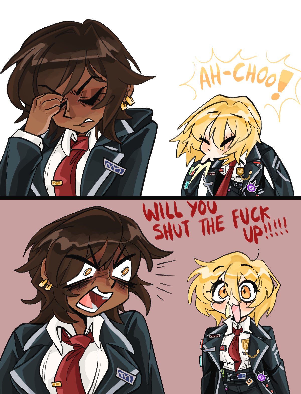 kecchi0, don quixote (project moon), outis (project moon), limbus company, project moon, highres, 2girls, :3, black jacket, blonde hair, brown eyes, brown hair, closed eyes, collared shirt, dark-skinned female, dark skin, earrings, english text, jacket, jewelry, looking at another, multiple earrings, multiple girls, necktie, open mouth, red necktie, shirt, short hair, simple background, sneezing, upper body, white shirt, yellow eyes