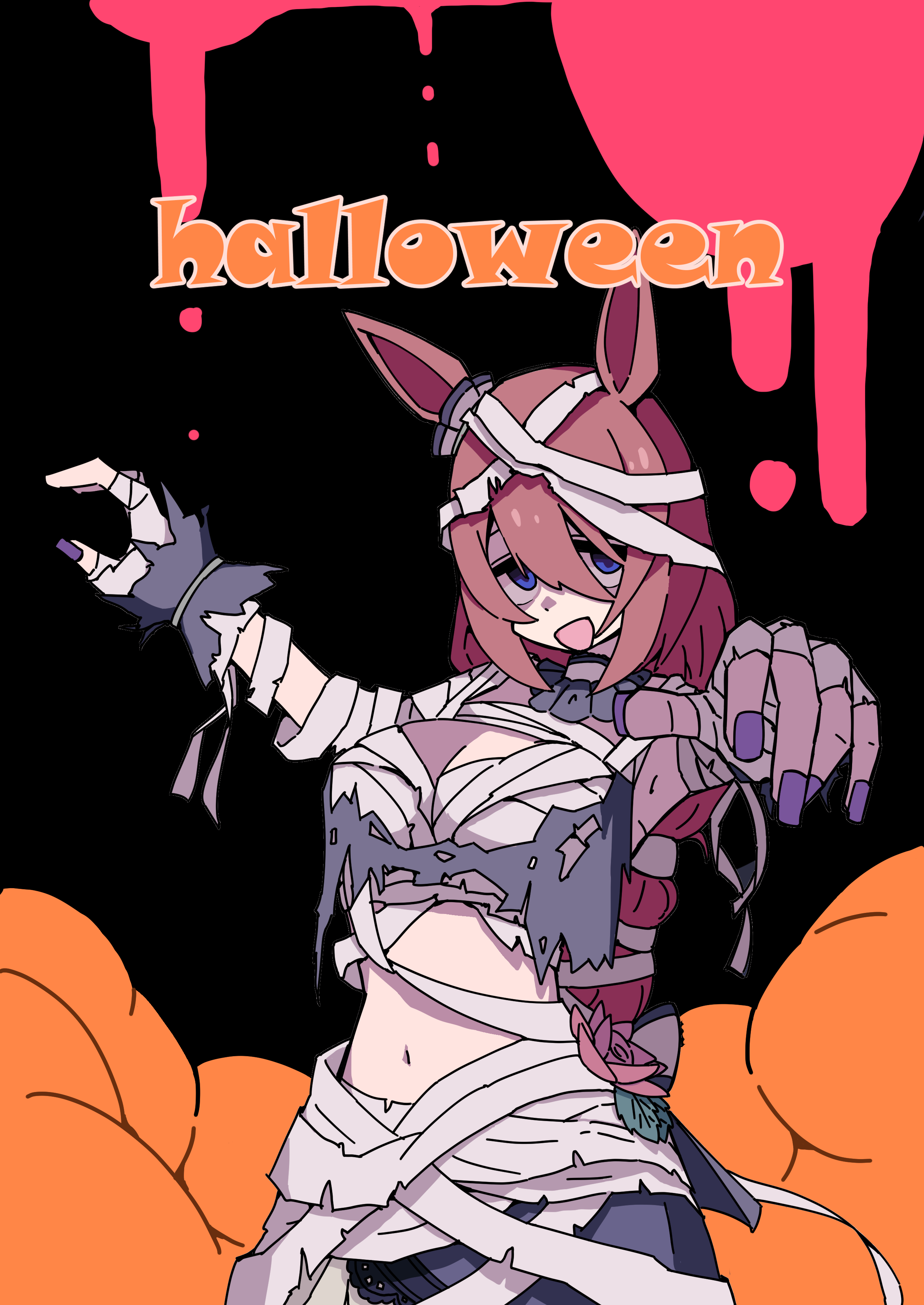 sudzume, super creek (chiffon ribbon mummy) (umamusume), super creek (umamusume), umamusume, umamusume: cinderella gray, absurdres, highres, animal ears, bandage on hair, bandaged arm, bandaged hand, bandaged head, bandaged torso, bandages, bandeau, braid, ear scrunchie, halloween, halloween costume, horse ears, horse girl, horse tail, long hair, low-braided long hair, low-tied long hair, mummy costume, purple bandeau, tail, torn bandeau