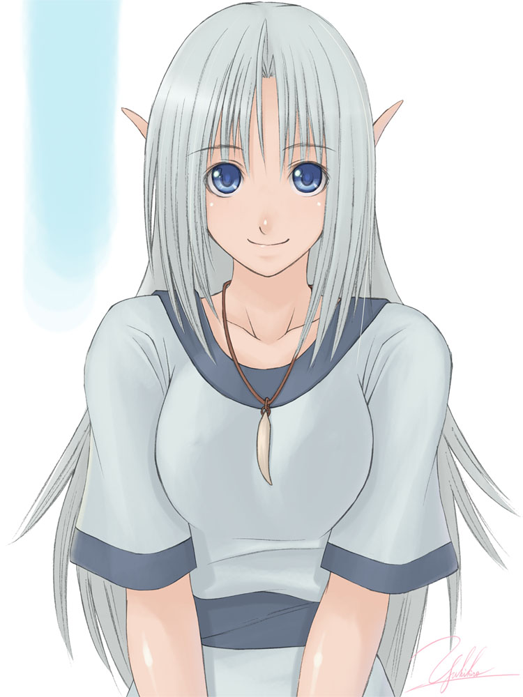 yukihiro, original, silver hair, blue eyes, elf, jewelry, long hair, necklace, pointy ears, signature, smile, solo
