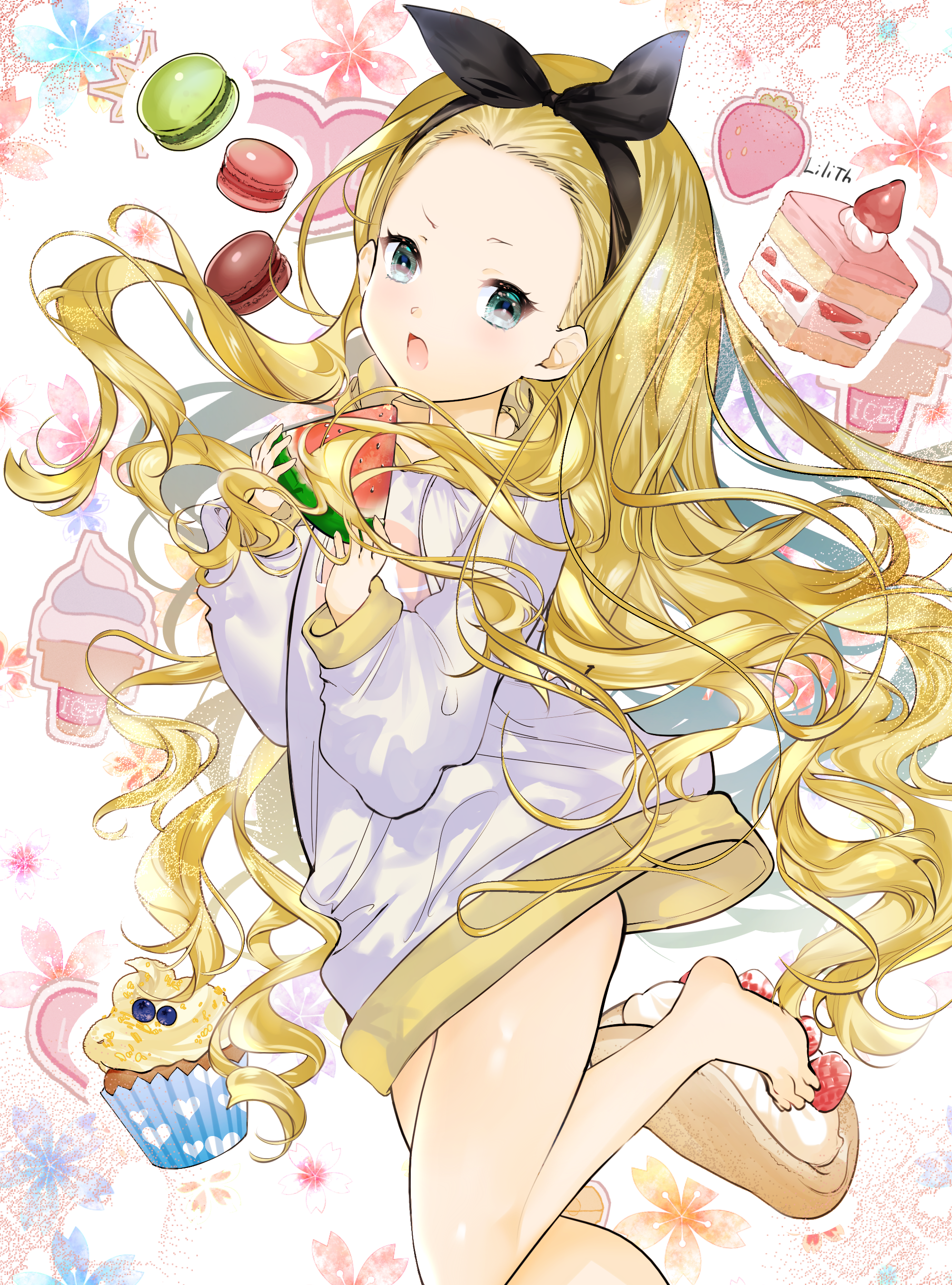 lilith ker, kurumi (lycoris recoil), lycoris recoil, absurdres, commentary request, highres, 1girl, bangs pinned back, barefoot, black hairband, blonde hair, bow hairband, burger, cake, cupcake, food, foot out of frame, foot up, forehead, fruit, grey eyes, grey sweater, hairband, holding, holding food, holding fruit, holding watermelon, imminent eating, long hair, long sleeves, looking at viewer, no pants, open mouth, solo, standing, sweater, very long hair, watermelon, watermelon slice, wavy hair