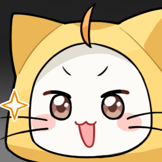 momo (nikki), infinity nikki, nikki (series), artist request, lowres, official art, animal, animal focus, blue background, blush stickers, brown eyes, cat, cloak, clothed animal, ear covers, hood, hood up, hooded cloak, looking at viewer, no humans, open mouth, portrait, simple background, smile, solo, v-shaped eyebrows, whiskers, white cat, yellow cloak