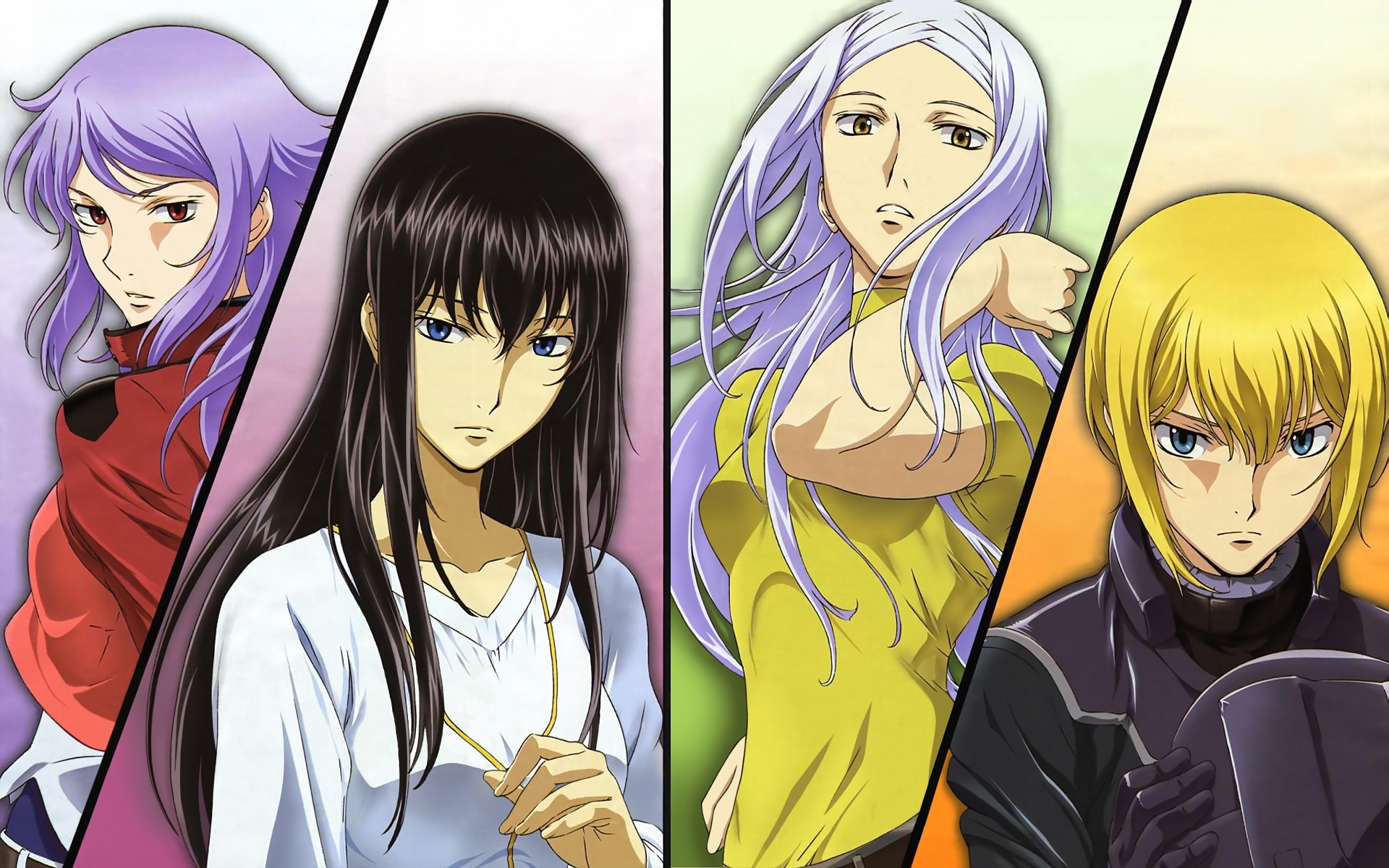 anew returner, louise halevy, marie parfacy, marina ismail, soma peries, gundam, gundam 00, highres, 00s, 4girls, gradient background, multiple girls