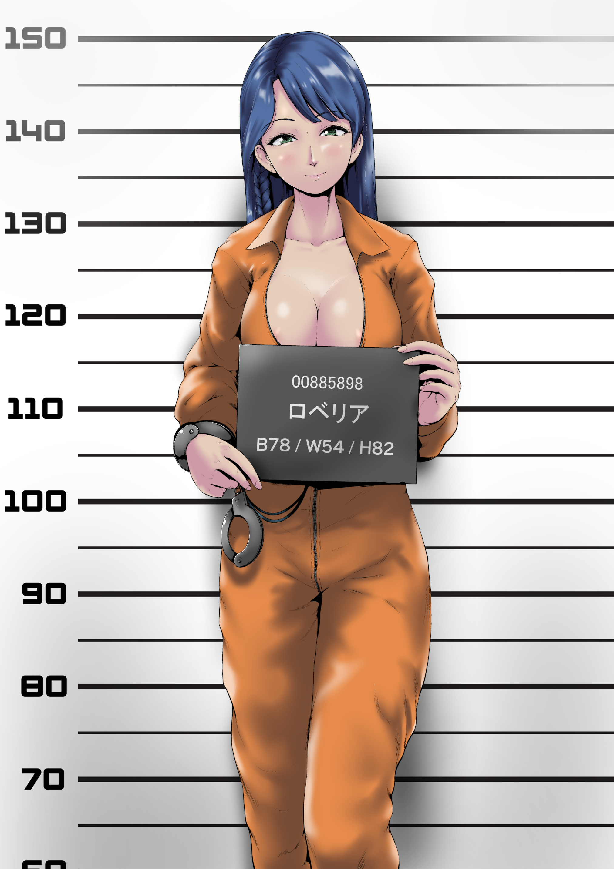 lobelia (doa), dead or alive, absurdres, commission, highres, pixiv commission, 1girl, bound, breasts, cleavage, cuffs, handcuffs, jumpsuit, mugshot, prison, prison clothes, prisoner, restrained, shackles, togazan