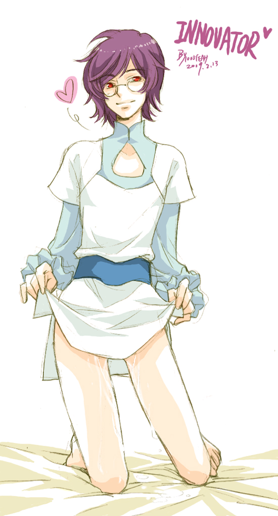chiseko1000yeah, regene regetta, gundam, gundam 00, 00s, 1boy, bare legs, barefoot, bed sheet, belt, clothes lift, cum, cumdrip, glasses, heart, kneeling, male focus, no pants, purple hair, red eyes, sketch, skirt, skirt lift, smile, solo, thighs