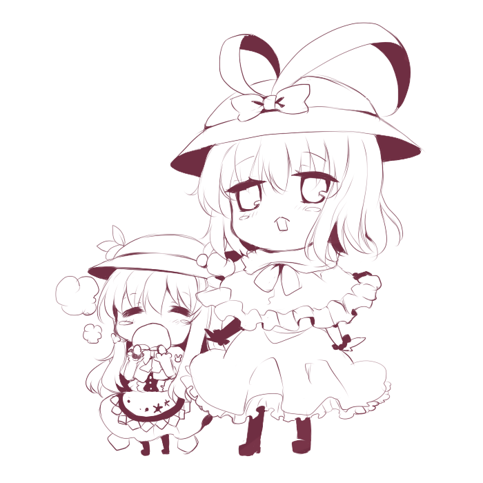 kirero, hinanawi tenshi, nagae iku, touhou, bad id, bad pixiv id, 2girls, capelet, chibi, eating, food, frills, fruit, hat, hat ribbon, long hair, monochrome, multiple girls, peach, purple theme, ribbon, short hair