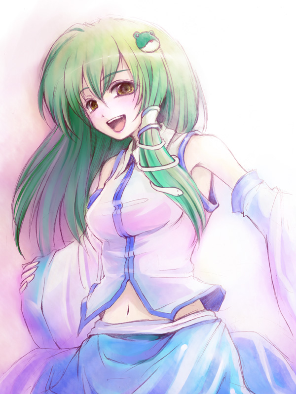 sugai, kochiya sanae, touhou, 1girl, detached sleeves, female focus, green hair, long hair, midriff, navel, open mouth, outstretched arms, smile, solo, spread arms, yellow eyes