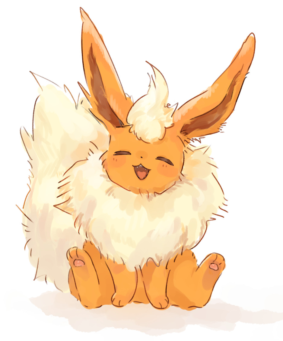 oinyanyari, flareon, nintendo, pokemon, commentary request, :3, animal ears, blush, closed eyes, facing viewer, fangs, full body, fur collar, gen 1 pokemon, no humans, open mouth, orange fur, pokemon (creature), pokemon focus, sitting, smile, solo, straight-on, tail, white background
