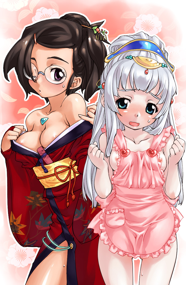 myuracchi (ayashii hon'ya), myuratch, shogun8, silver hair, official art, 2girls, apron, breasts, brown hair, glasses, green eyes, hair ornament, japanese clothes, kimono, large breasts, long hair, multiple girls, naked apron, nipple slip, nipples, one eye closed, open mouth, pinky out, purple eyes, wink