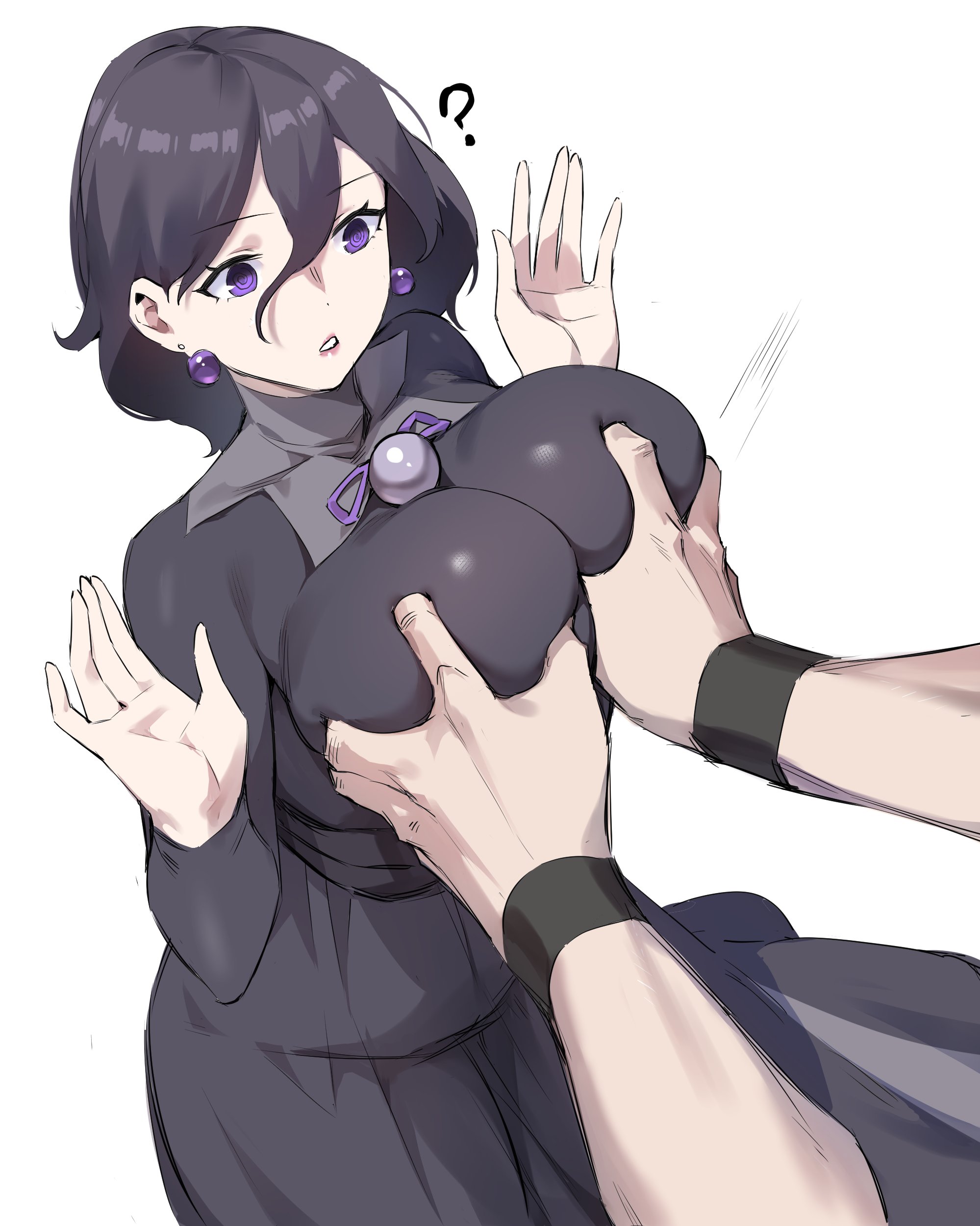 dawalixi, hex maniac (pokemon), hex maniac (pokemon legends: z-a), nintendo, pokemon, pokemon legends: z-a, absurdres, commentary, highres, symbol-only commentary, textless version, 1boy, 1girl, ?, @ @, black corset, black dress, black hair, breasts, corset, cowboy shot, dress, earrings, gem, grabbing another's breast, groping, hair between eyes, hetero, jewelry, large breasts, lipstick, long hair, long hair between eyes, long sleeves, looking down, makeup, open hands, parted lips, pearl (gemstone), purple eyes, purple lips, purple ribbon, ribbon, simple background, solo focus, sphere earrings, standing, white background, wristband