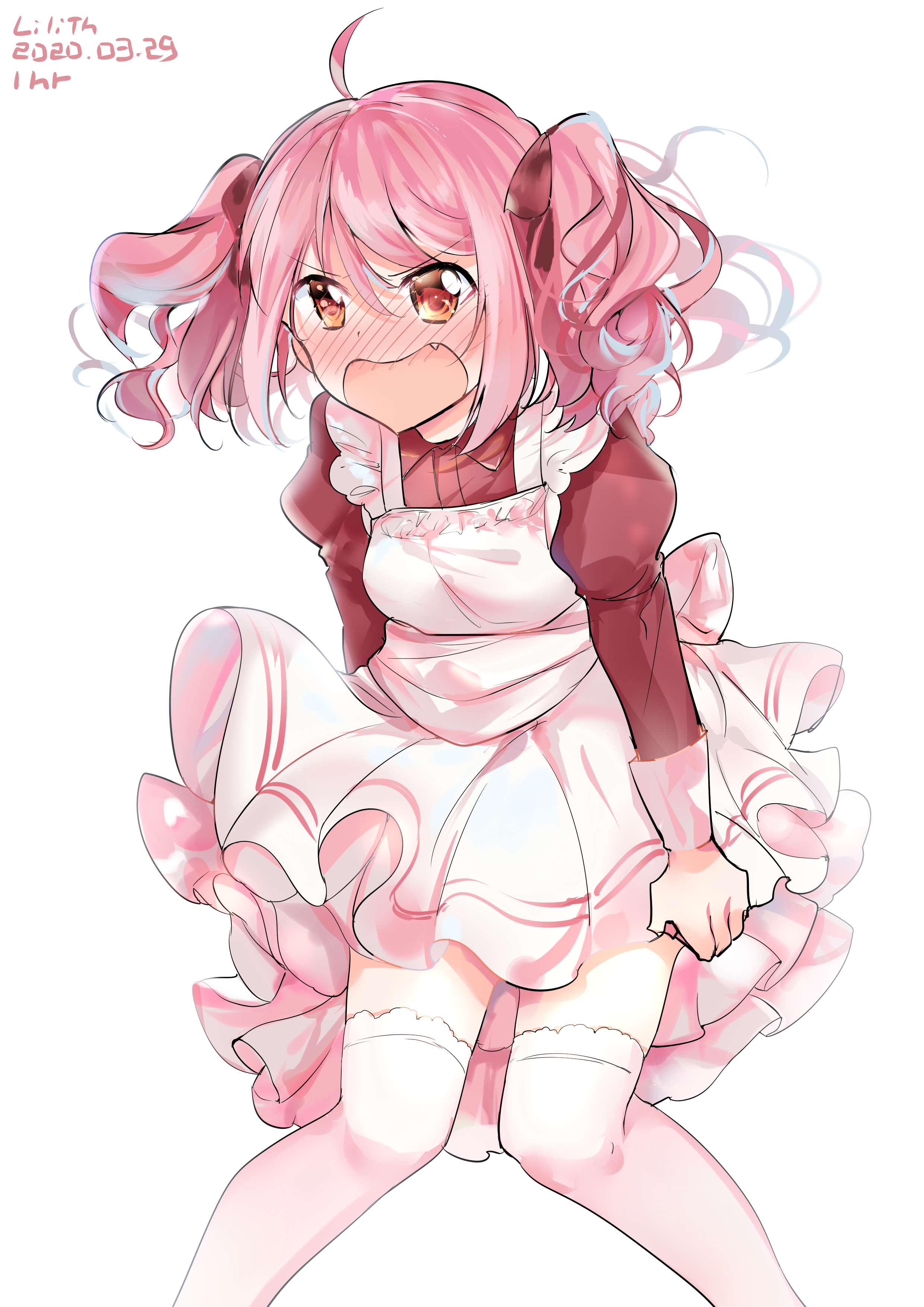 lilith ker, original, absurdres, chinese commentary, commentary request, highres, 1girl, ahoge, arms at sides, artist name, blush, clenched hand, dated, dress, embarrassed, fang, feet out of frame, full-face blush, hair between eyes, hair ribbon, knees together feet apart, long bangs, long sleeves, medium hair, one-hour drawing challenge, open mouth, orange eyes, pinafore dress, pink dress, pink hair, red ribbon, red shirt, ribbon, shirt, shouting, sleeveless, sleeveless dress, solo, standing, thighhighs, twintails, v-shaped eyebrows, white thighhighs, zettai ryouiki