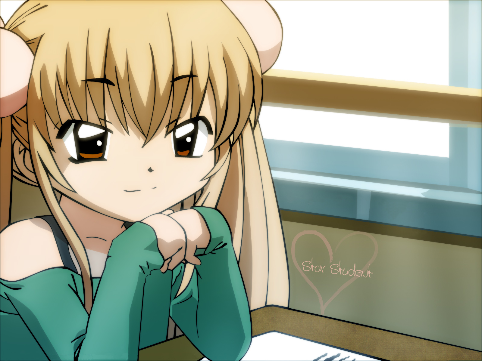 kokonoe rin, kodomo no jikan, highres, 00s, blonde hair, brown eyes, child, classroom, desk, hair bobbles, hair ornament, heart, long hair, school, twintails, very long hair