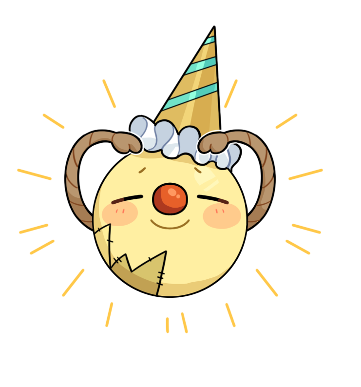 infinity nikki, nikki (series), artist request, official art, blush stickers, closed mouth, clown nose, creature, creature focus, frilled headwear, hands on own head, hat, no humans, notice lines, party hat, patch, piecey, smile, straight-on, striped clothes, striped headwear, transparent background