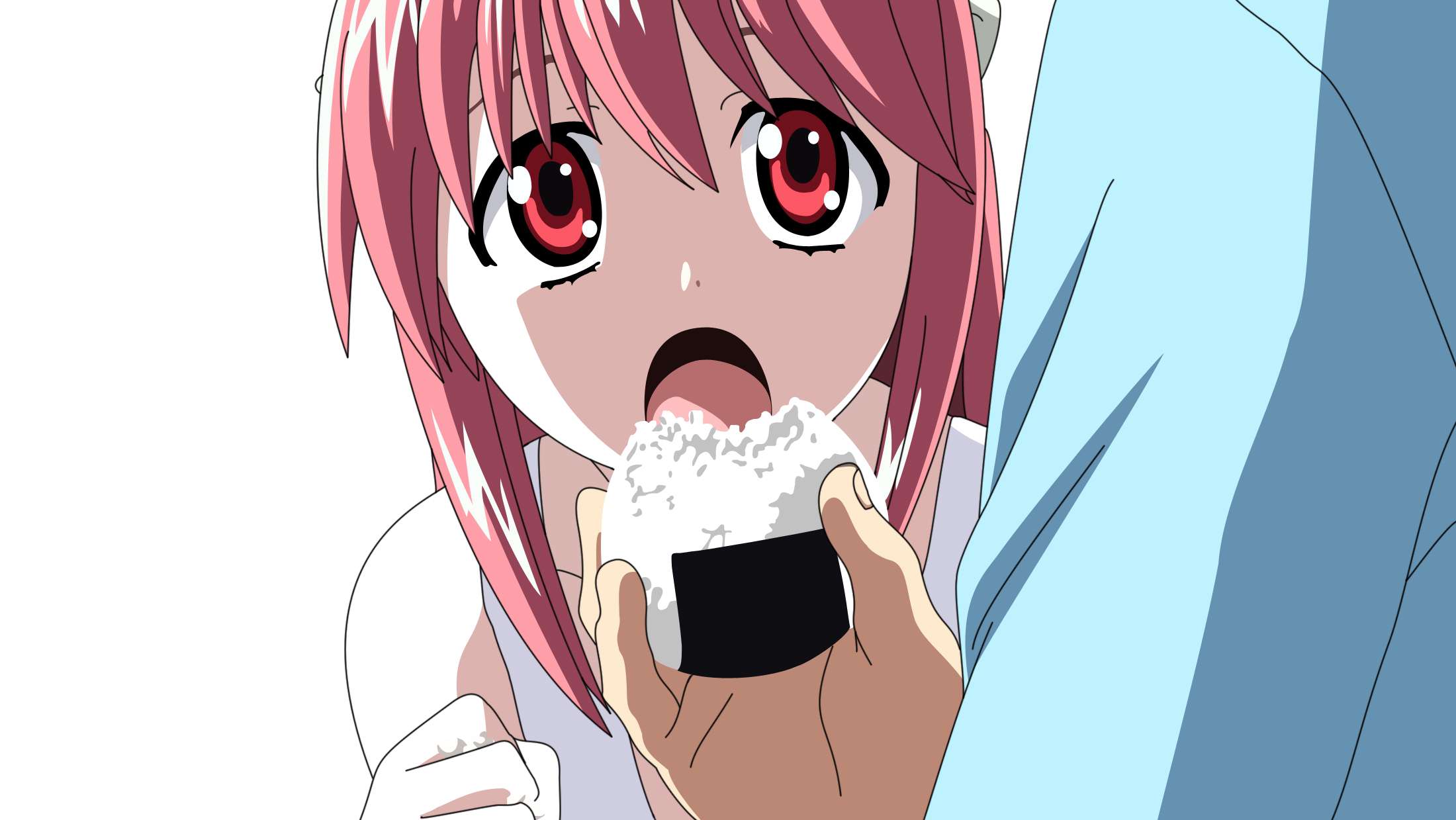 lucy (elfen lied), elfen lied, artist request, highres, tagme, 00s, 1girl, food, horns, open mouth, pink hair, red eyes, rice, sexually suggestive, simple background, tank top, white background