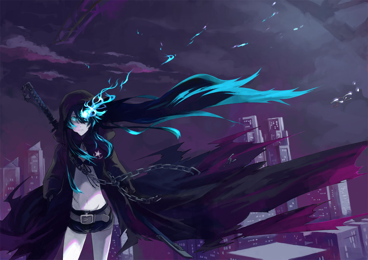 9ji, 9ji (8giri), black rock shooter (character), black rock shooter, bad id, bad pixiv id, 10s, 1girl, belt, cape, chain, female focus, glowing, glowing eyes, long hair, midriff, outdoors, pale skin, scar, sky, solo, stitches, sword, weapon, wind, wind lift