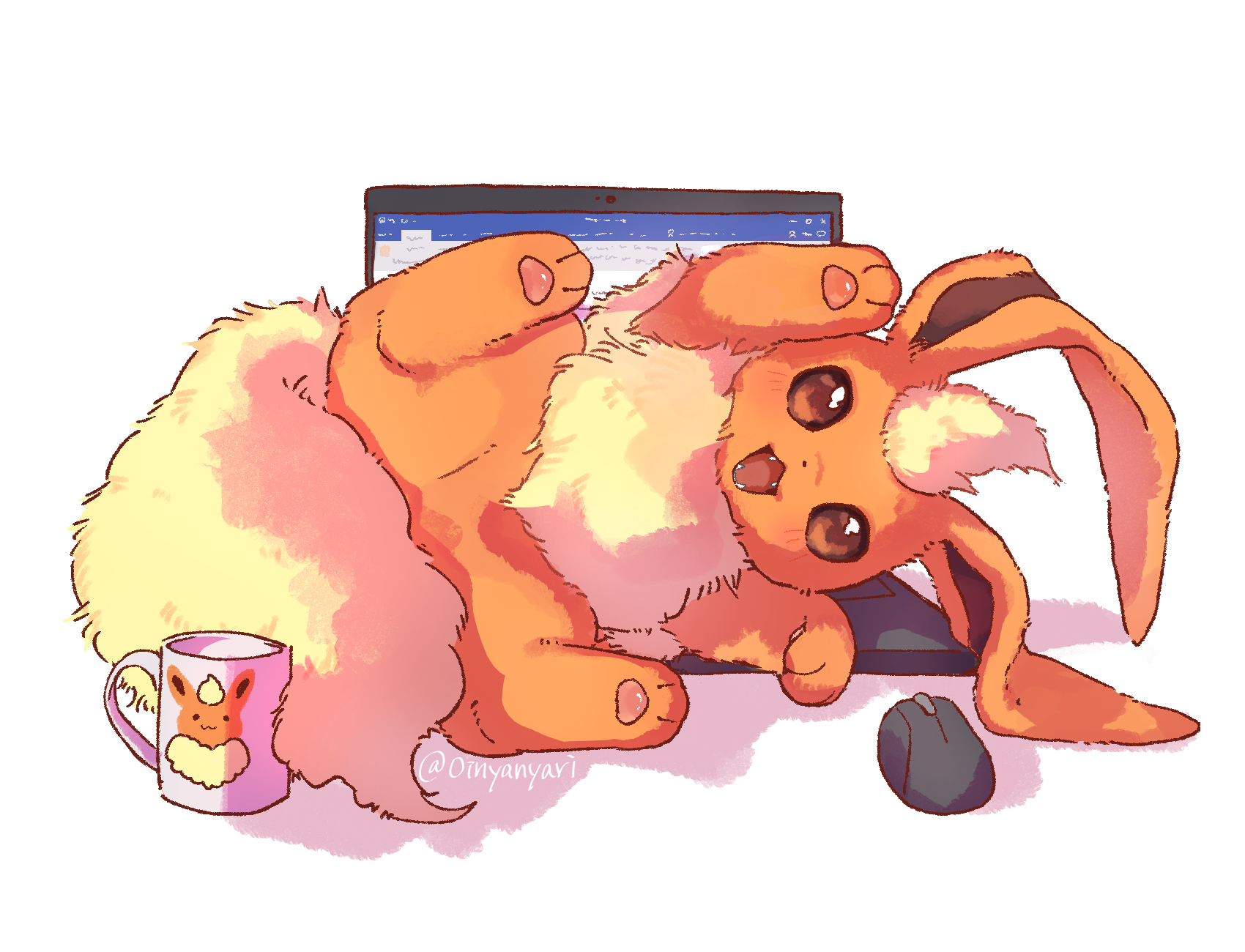 oinyanyari, flareon, nintendo, pokemon, commentary request, highres, :3, animal ears, brown eyes, computer, computer mouse, cup, fangs, full body, fur collar, gen 1 pokemon, laptop, looking at viewer, lying, mug, no humans, on side, open mouth, orange fur, pokemon (creature), pokemon focus, solo, tail, twitter username, white background