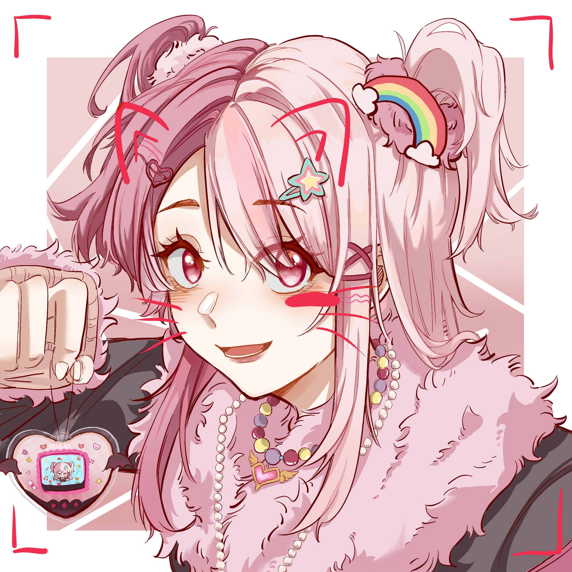 rosie sweetheart (infinity nikki), infinity nikki, nikki (series), chinese commentary, commentary request, highres, 1girl, animal ears, bead necklace, beads, black jacket, border, brown arm warmers, cat ears, drawn ears, drawn whiskers, eyelashes, eyes visible through hair, fur-trimmed jacket, fur-trimmed sleeves, fur trim, gyaru, hair ornament, hair scrunchie, hairclip, happy, heart, heart hair ornament, heart necklace, holding, holding toy, jacket, jewelry, lipstick, long hair, long sleeves, lower teeth only, makeup, multicolored hair, necklace, open mouth, outside border, parallel hairclips, pink background, pink eyes, pink hair, pink lips, pink scrunchie, rainbow hair ornament, scrunchie, shenmejiu, sidelocks, smile, solo, split-color hair, star (symbol), star hair ornament, straight hair, tamagotchi (virtual pet), teeth, toy, two side up, upper body, viewfinder, virtual pet (toy), white border, x hair ornament, y2k fashion