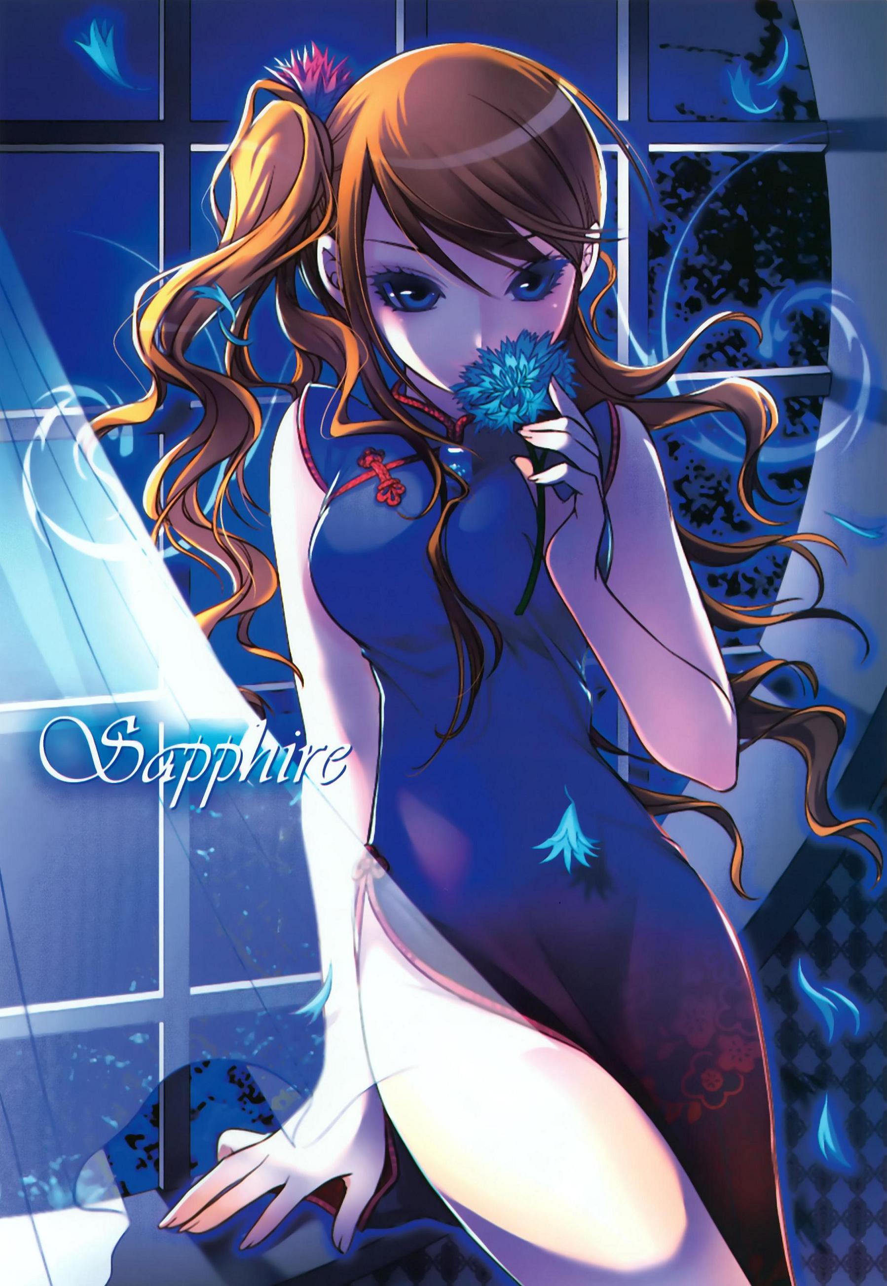 shirahane nao, sapphire (dmyotic), dmyotic, absurdres, highres, non-web source, scan, 1girl, arm support, backlighting, bare arms, blue eyes, brown hair, china dress, chinese clothes, covering own mouth, cowboy shot, curtains, dress, eyelashes, female focus, flower, hair flower, hair ornament, holding, holding flower, indoors, long hair, looking at viewer, night, ponytail, round window, see-through clothes, sleeveless, sleeveless dress, solo, swept bangs, thighs, wavy hair, window
