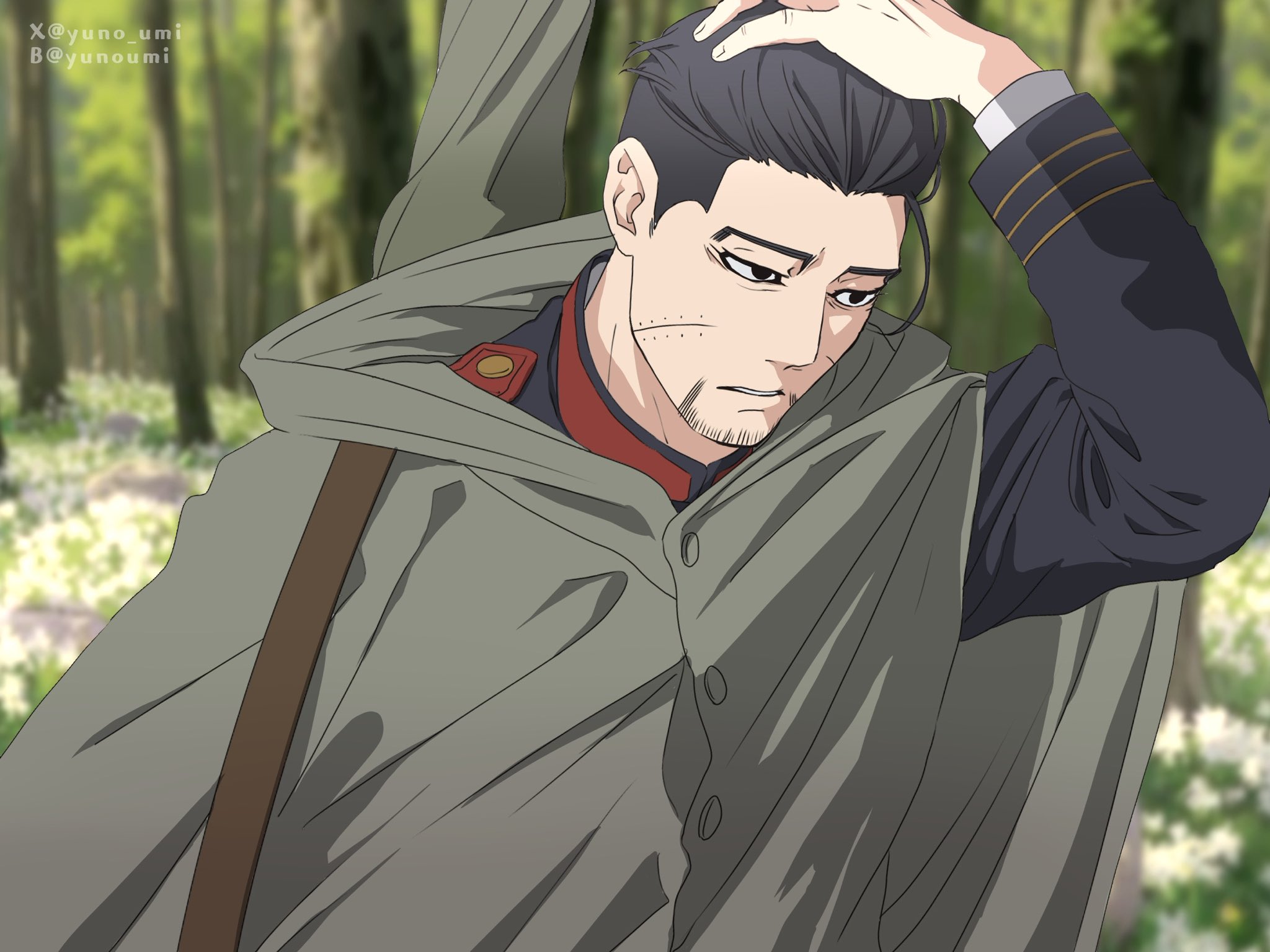 washiko (rasuko), ogata hyakunosuke, golden kamuy, commentary request, highres, 1boy, black eyes, blurry, blurry background, cloak, hand on own head, hood, hood down, hooded cloak, long sleeves, looking ahead, male focus, outdoors, parted lips, scar, scar on face, short hair, solo, twitter username, upper body