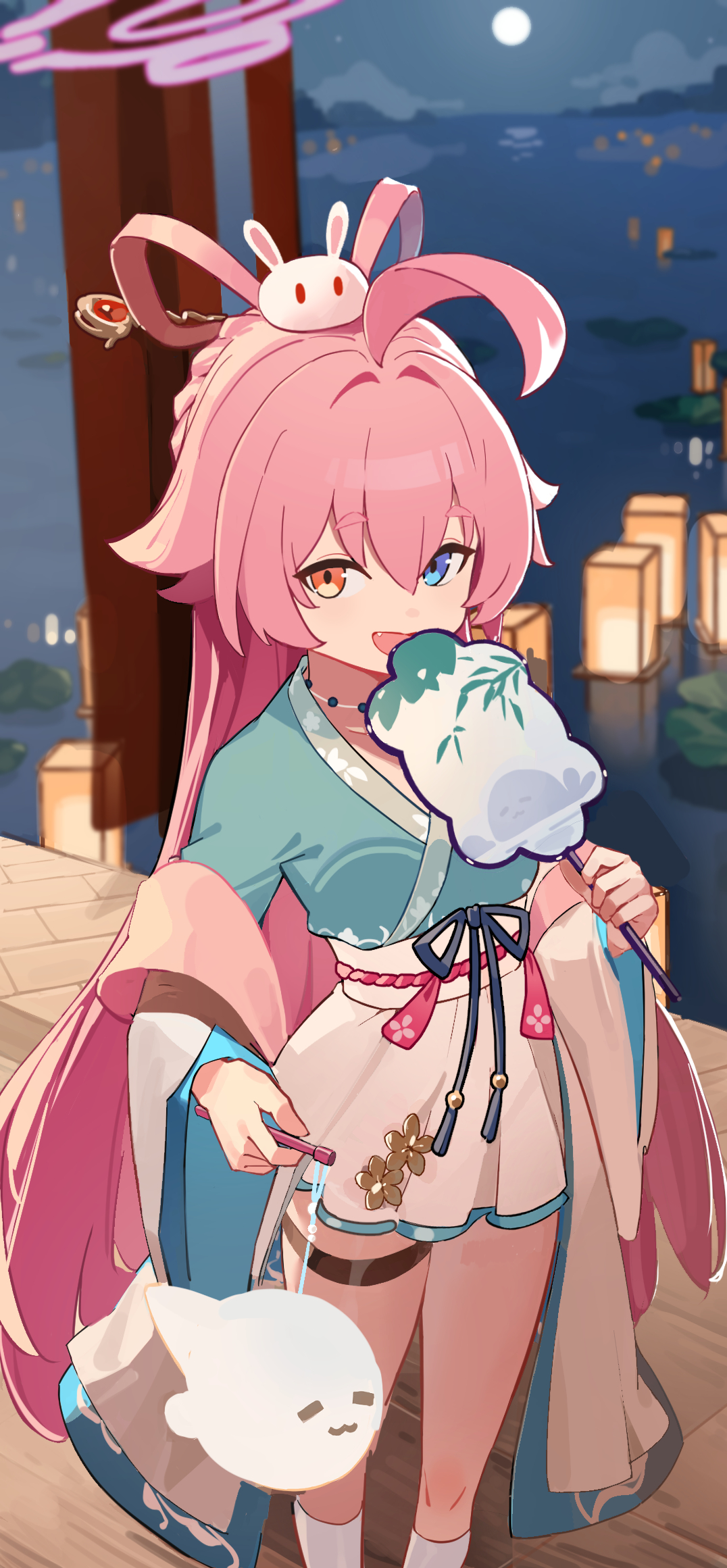 chongchongbao mushi, hoshino (blue archive), blue archive, highres, 1girl, ahoge, bag, blue eyes, chinese clothes, cotton candy, feixianji (hairstyle), food, full moon, hair between eyes, hair ornament, hair rings, halo, hand fan, hanfu, heterochromia, holding, holding lantern, hoshino (mid-autumn festival) (blue archive), jiaoling ruqun, lantern, leg ribbon, long hair, long sleeves, looking at viewer, moon, night, night sky, open mouth, orange eyes, outdoors, pink hair, ribbon, sky, smile, socks, solo, tuanshan, wide sleeves, yellow eyes
