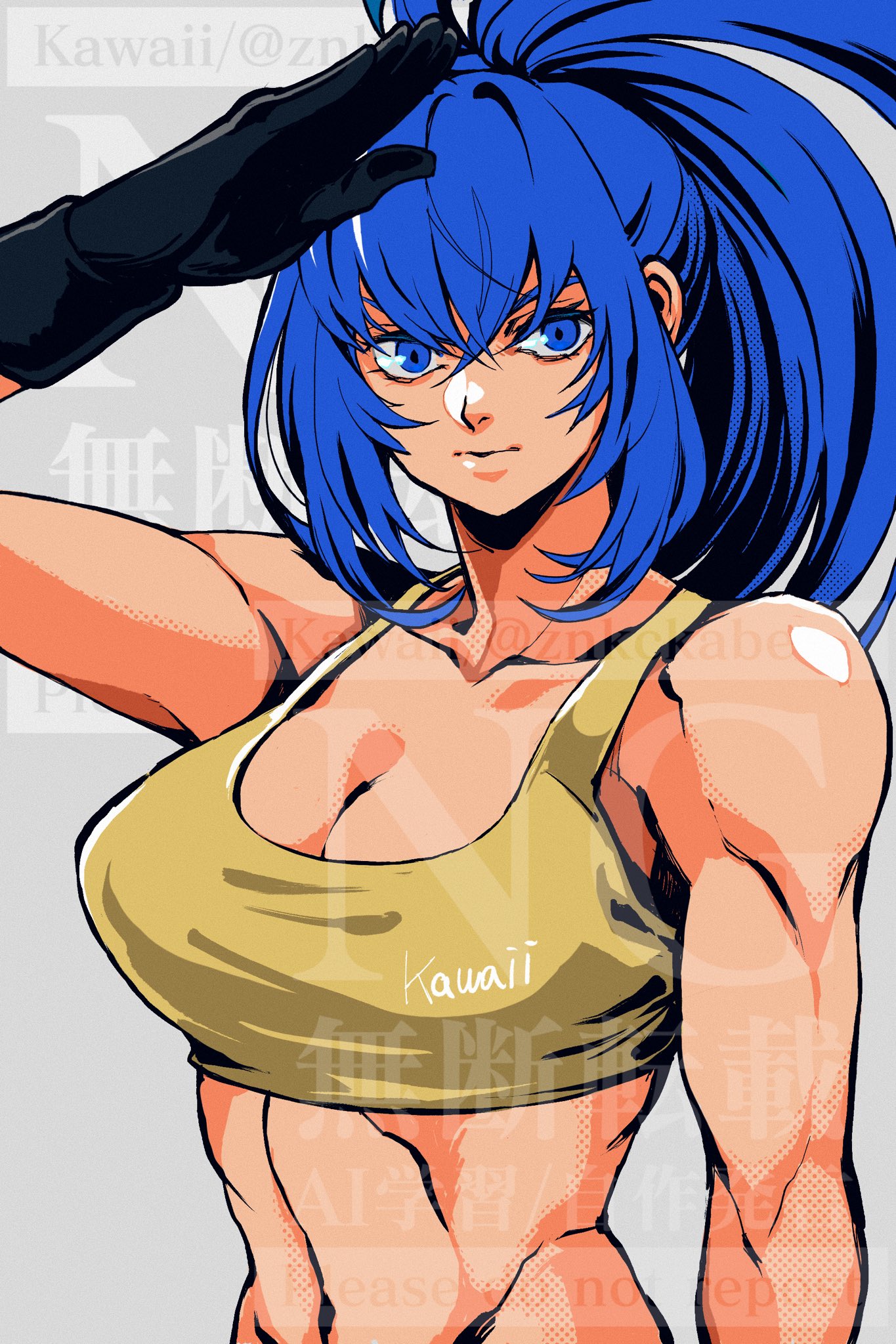 znkckabe, leona heidern, the king of fighters, the king of fighters xv, highres, 1girl, artist name, black gloves, blue eyes, blue hair, breasts, cleavage, collarbone, gloves, long bangs, navel, ponytail, salute, solo, tank top, toned, toned female, watermark, yellow tank top
