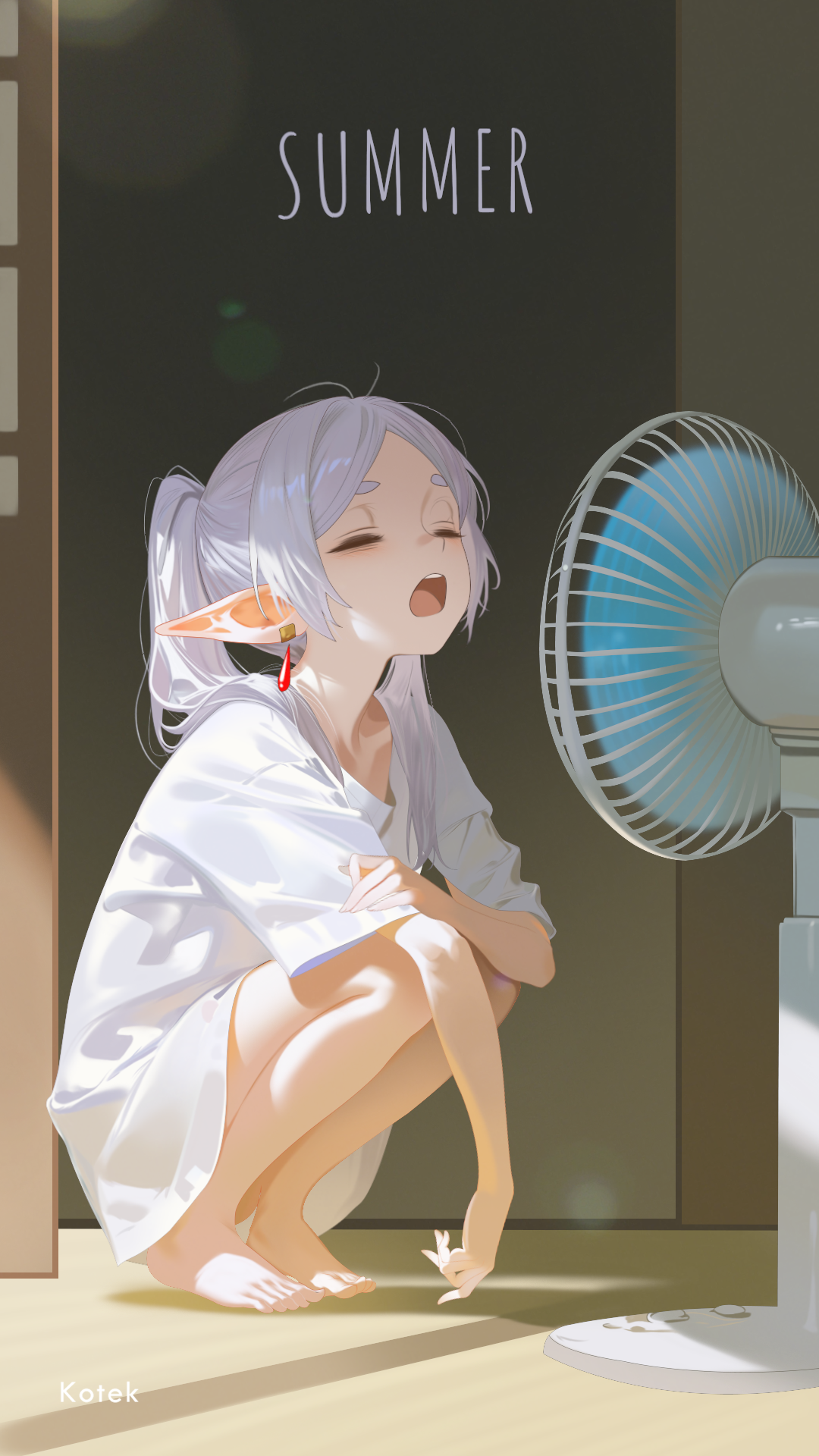 kuro kotek, frieren, sousou no frieren, commentary, highres, 1girl, artist name, barefoot, closed eyes, contemporary, earrings, electric fan, elf, english text, fanning self, floating earrings, full body, grey hair, hand on own arm, indoors, jewelry, long hair, long shirt, open mouth, pointy ears, shirt, short sleeves, solo, squatting, summer, t-shirt, teardrop earrings, twintails, white shirt, yawning