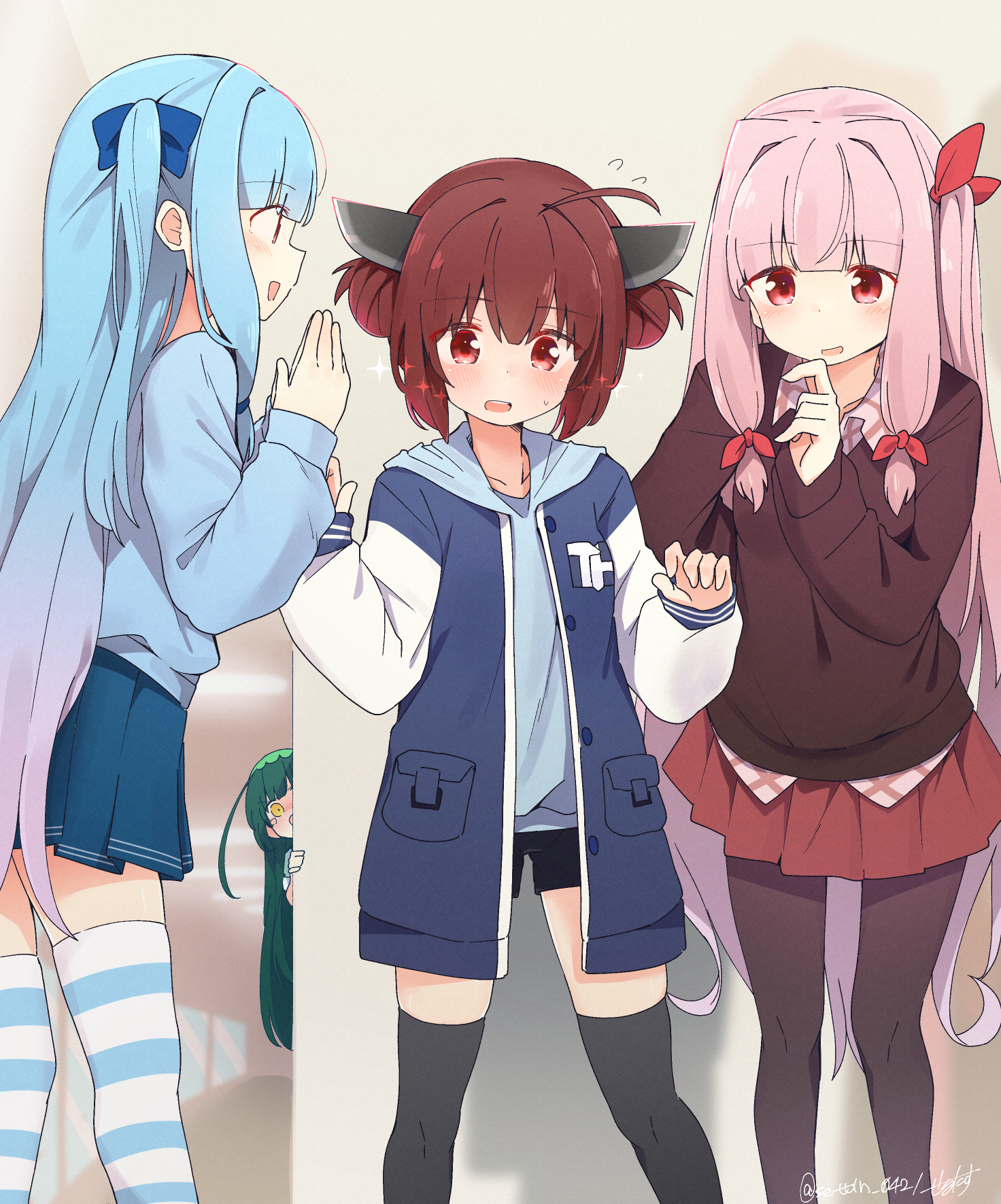 sechin, kotonoha akane, kotonoha aoi, touhoku kiritan, touhoku zunko, voiceroid, highres, 4girls, ahoge, black thighhighs, blue hair, brown hair, double bun, flying sweatdrops, gradient hair, green hair, hair bun, hair intakes, jacket, letterman jacket, long hair, multicolored hair, multiple girls, one side up, own hands together, pantyhose, peeking out, pink hair, red eyes, short shorts, shorts, sparkle, striped clothes, striped thighhighs, thighhighs, two-tone hair, yellow eyes
