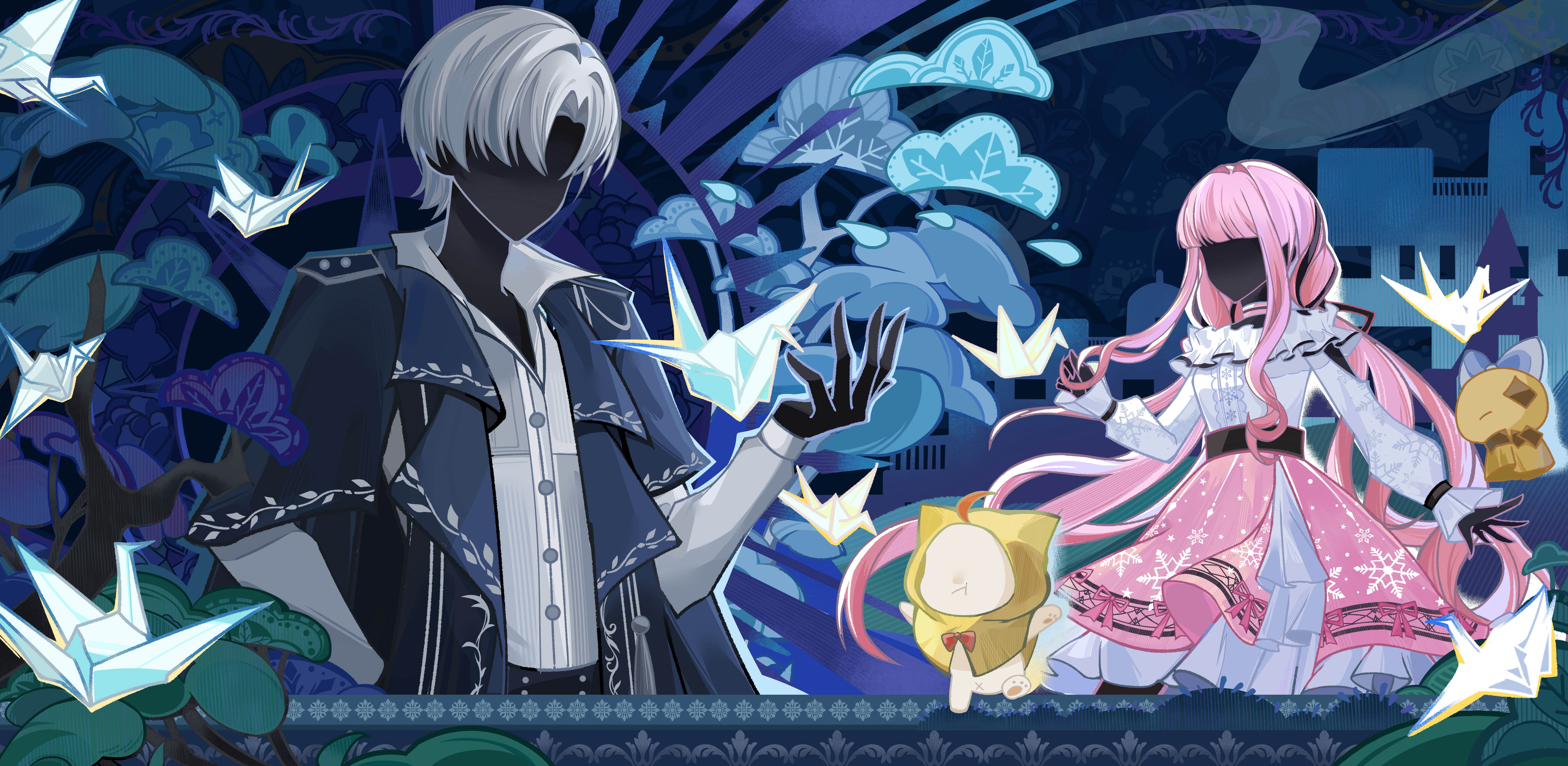 alcohol076, giovanni (infinity nikki), momo (nikki), nikki (nikki), infinity nikki, nikki (series), absurdres, chinese commentary, commentary request, highres, 1boy, 1girl, :t, ahoge, animal, bare shoulders, belt, black belt, black pants, black ribbon, black skin, blue background, blue cape, blue coat, bow, bowtie, buttons, cape, cat, center frills, choker, cloak, closed mouth, clothed animal, coat, collared coat, collared shirt, colored skin, cowboy shot, dress shirt, ear covers, faceless, faceless female, faceless male, frilled shirt, frilled skirt, frilled sleeves, frills, grey hair, hair ribbon, hand in pocket, high-waist pants, hood, hood up, hooded cloak, lapels, layered skirt, layered sleeves, long hair, long sidelocks, long sleeves, low twintails, medium skirt, notched lapels, object floating above hand, off-shoulder shirt, off shoulder, open clothes, open coat, origami, outstretched hand, pants, paper crane, parted bangs, pawpads, piecey, pink choker, pink hair, pink ribbon, pink skirt, pleated skirt, pout, print skirt, print sleeves, puffy long sleeves, puffy sleeves, red bow, red bowtie, ribbon, shirt, short hair, short over long sleeves, short sleeves, sidelocks, single stripe, skirt, skyline, sleeves past wrists, snowflake print, striped choker, traditional bowtie, tree, tress ribbon, twintails, very long hair, wavy hair, white cat, white shirt, white skirt, yellow cloak