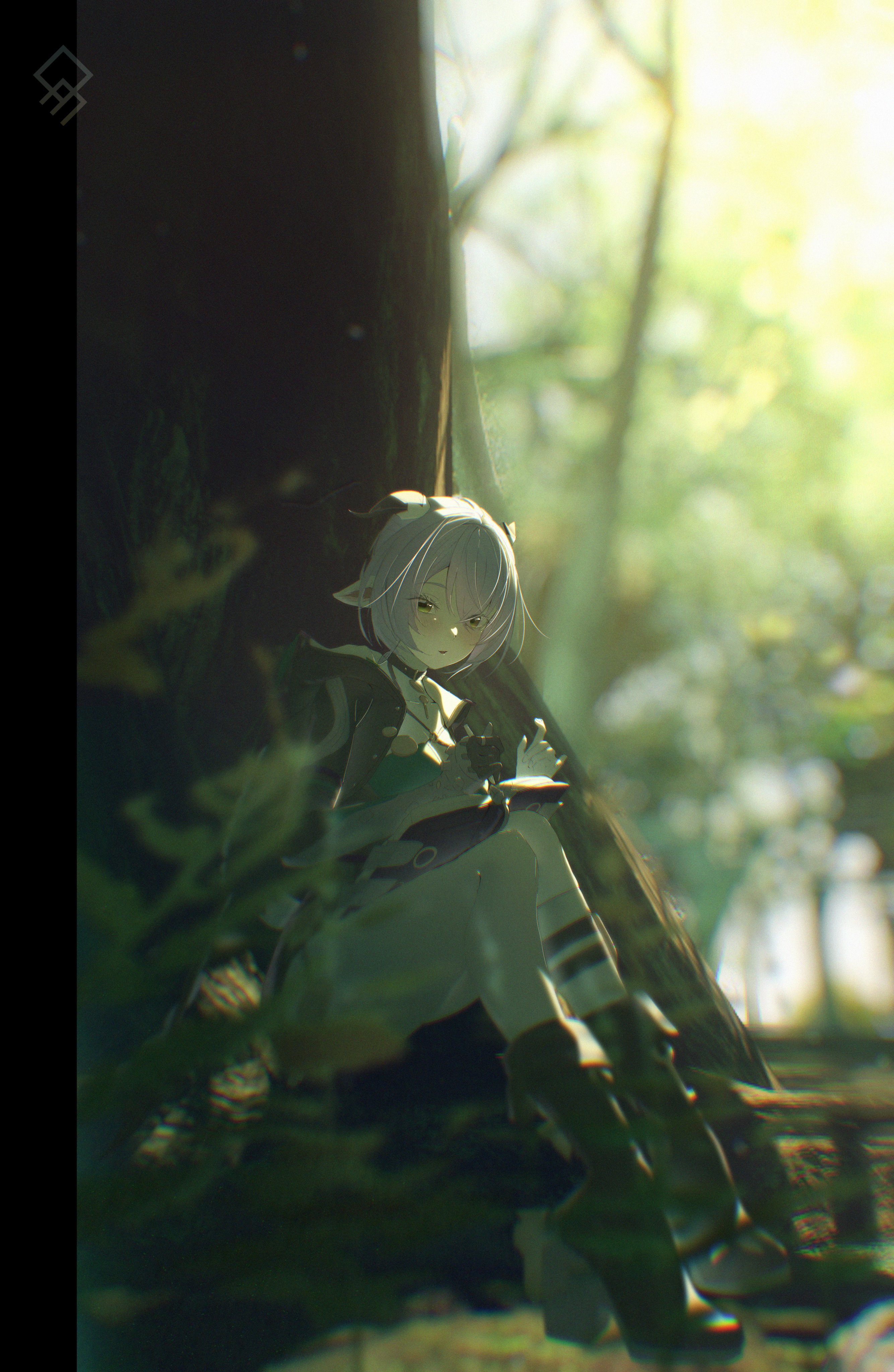 quragenomiken, lucia elowen, zenless zone zero, absurdres, commentary, commentary request, english commentary, highres, partial commentary, 1girl, accessories, artist logo, black boots, black unitard, blue hair, blurry, blurry background, blush, book, boots, bra, breasts, choker, cleavage, depth of field, forest, goat, goat girl, goat horns, grass, green bra, green pupils, hood, horizontal pupils, horns, logo, medallion, nature, open mouth, outdoors, plant, pointy ears, single sleeve, sitting, solo, tree, underwear, yellow eyes