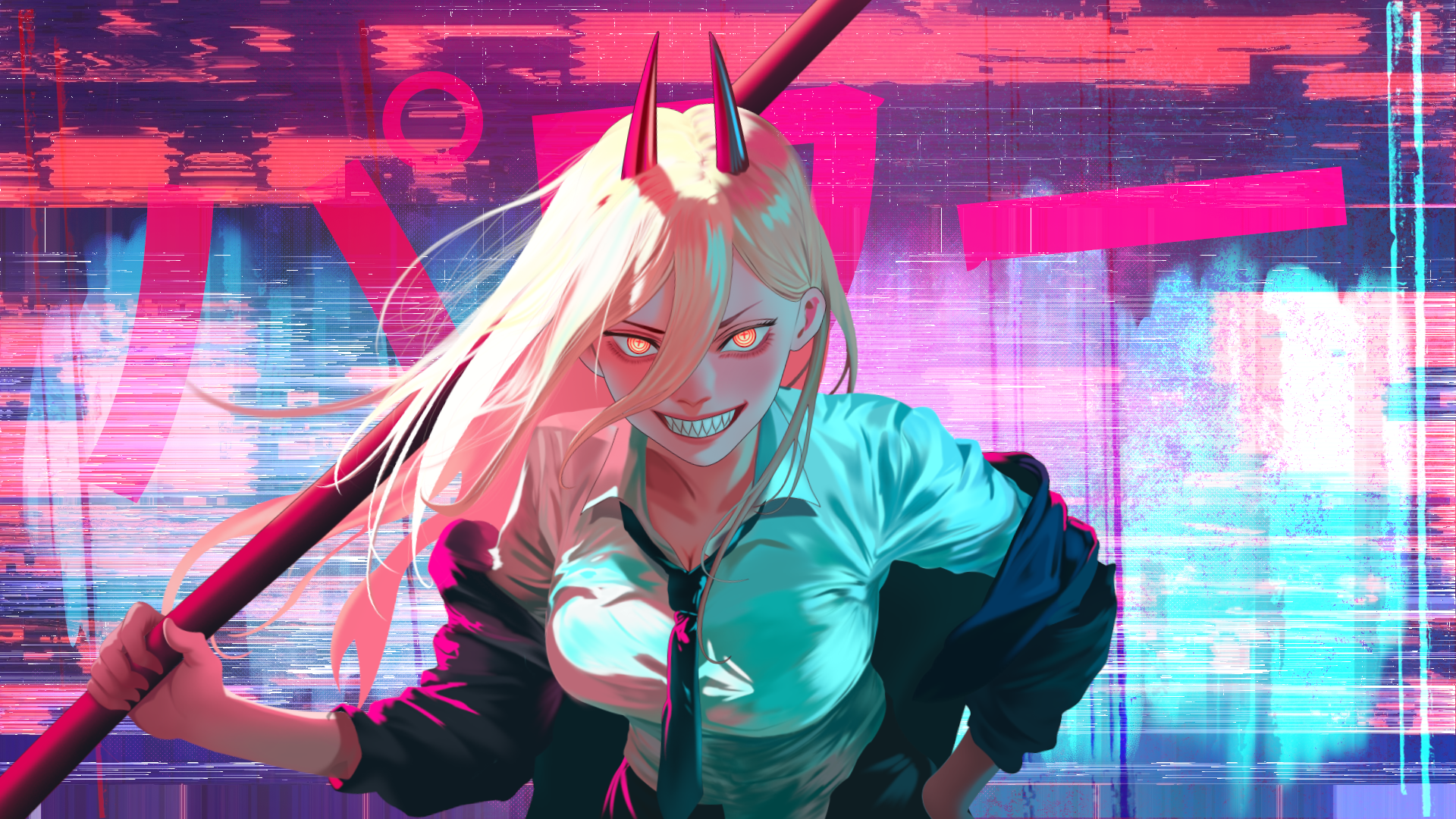 kuro kotek, power (chainsaw man), chainsaw man, commentary, highres, 1girl, abstract background, black jacket, black necktie, blonde hair, breasts, cleavage, collared shirt, demon horns, double-parted bangs, glowing, glowing eyes, grin, hair between eyes, holding, holding pole, horns, jacket, large breasts, leaning forward, long bangs, long hair, looking at viewer, loose necktie, necktie, off shoulder, open clothes, open jacket, orange eyes, pole, red horns, sharp teeth, shirt, smile, solo, standing, straight-on, straight hair, teeth, upper body, v-shaped eyebrows, white shirt, wing collar