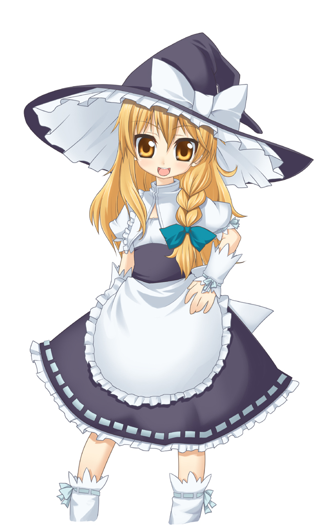 kou (garakuta teikoku), kirisame marisa, touhou, bad id, bad pixiv id, 1girl, blonde hair, braid, dress, female focus, hat, long hair, solo, white background, witch, witch hat, yellow eyes
