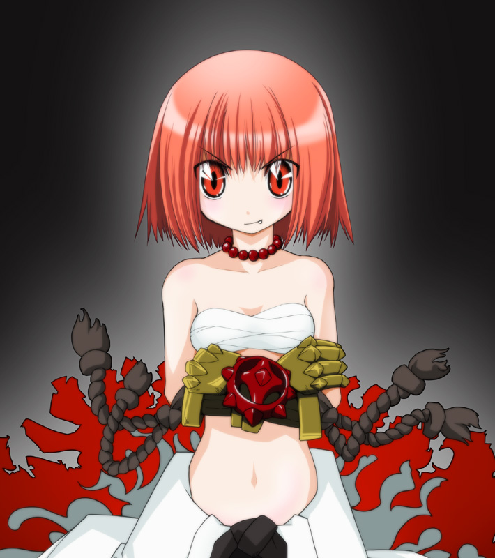 kei (fortune), sura (ragnarok online), ragnarok online, commentary request, 1girl, bead necklace, beads, blush, breasts, chest sarashi, closed mouth, clothes around waist, crossed arms, fang, fang out, gauntlets, grey background, jewelry, looking at viewer, medium breasts, navel, necklace, orange hair, red eyes, sarashi, shirt, shirt around waist, short hair, smile, solo, upper body, white shirt