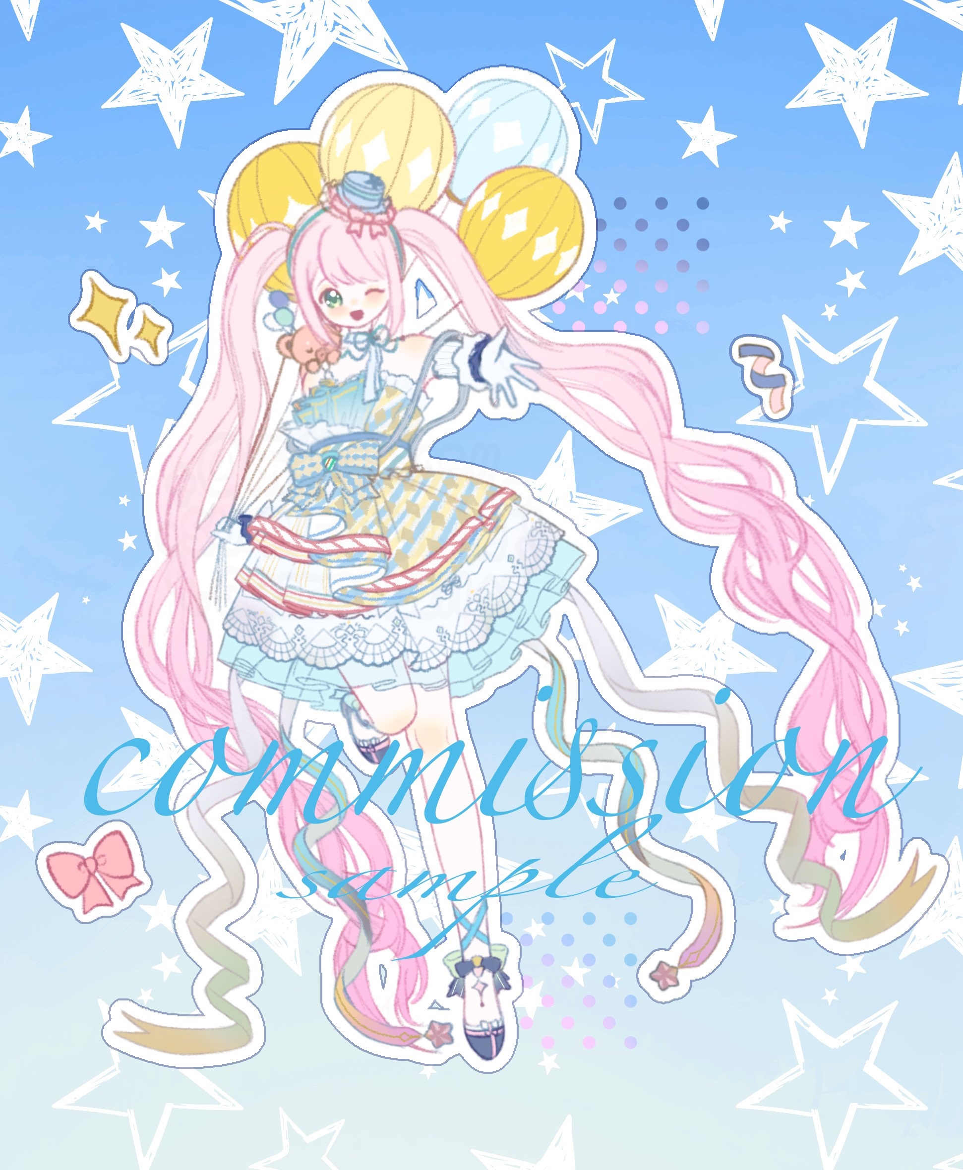 dance till dawn (infinity nikki), infinity nikki, nikki (series), commission, highres, 1girl, absurdly long hair, ankle bow, ankle ribbon, aqua eyes, argyle bow, back ribbon, balloon, bare legs, bare shoulders, blue bow, blue dress, blue hairband, blue hat, blue ribbon, blue shoes, blue wrist cuffs, blunt bangs, bow, bow choker, bowtie, choker, dress, frilled dress, frilled hairband, frilled headwear, frilled shoes, frilled wrist cuffs, frills, full body, gloves, gradient background, hairband, halftone, halftone background, happy, hat, hat bow, high heels, holding, holding balloon, knees, le cha (xinjinjumin377552264940), leg ribbon, leg up, lolita fashion, long hair, looking at viewer, mini hat, mini top hat, official alternate color, one eye closed, open mouth, outline, outstretched hand, pink bow, pink hair, ribbon, sample watermark, shoes, short dress, smile, socks, solo, sparkle, standing, star (symbol), star symbol background, strapless, strapless dress, striped clothes, striped dress, stuffed animal, stuffed toy, tareme, teddy bear, top hat, twintails, two-tone bow, two-tone dress, two-tone wrist cuffs, very long hair, waist bow, watermark, wavy hair, white bow, white bowtie, white choker, white gloves, white outline, white socks, white wrist cuffs, wrist cuffs, yellow bow, yellow dress, yellow ribbon