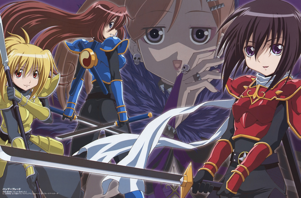 andou yuuri, chiba kirino, kawazoe tamaki, kuwahara sayako, bamboo blade, tagme, 00s, blue eyes, grey eyes, long hair, purple eyes, red eyes, short hair