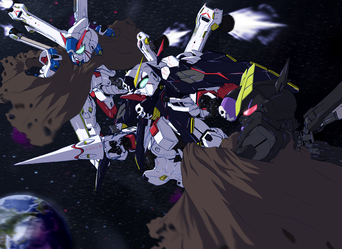 k.sho, crossbone gundam x-1, crossbone gundam x-2, crossbone gundam x-3, crossbone gundam, gundam, chibi, cloak, earth (planet), lance, mecha, no humans, planet, polearm, robot, skull and crossbones, space, spear, weapon