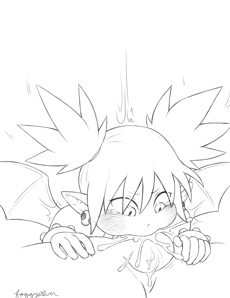 foggysilver, etna (disgaea), disgaea, commentary, commission, english commentary, variant set, 1boy, 1girl, ^^^, artist name, blush, cum, cum in mouth, deepthroat, demon girl, demon wings, earrings, fellatio, greyscale, hetero, jewelry, monochrome, oral, pointy ears, short twintails, signature, sketch, skull earrings, slit pupils, tears, testicles, twintails, uncensored, white background, wide-eyed, wings
