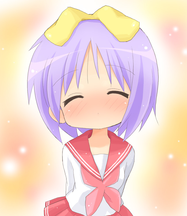 hahifuhe, hiiragi tsukasa, lucky star, 00s, 1girl, arms behind back, blush, closed eyes, female focus, hair ribbon, incoming kiss, kiss, pink hair, purple hair, ribbon, ryouou school uniform, school uniform, serafuku, short hair, solo